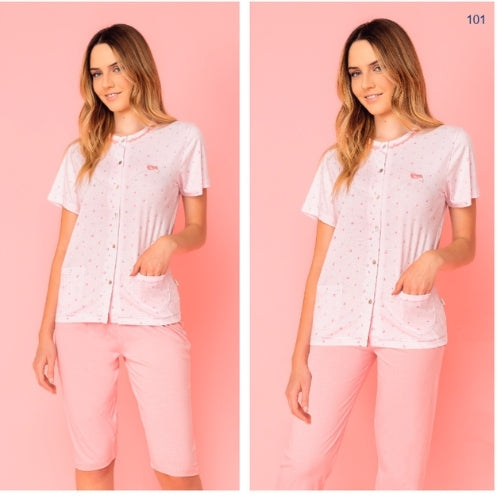 Irge Pigiama Donna 3 Pezzi M/manica Aperto +pantalone Lungo+pantalone Corto In Puro Cotone Art. Td42