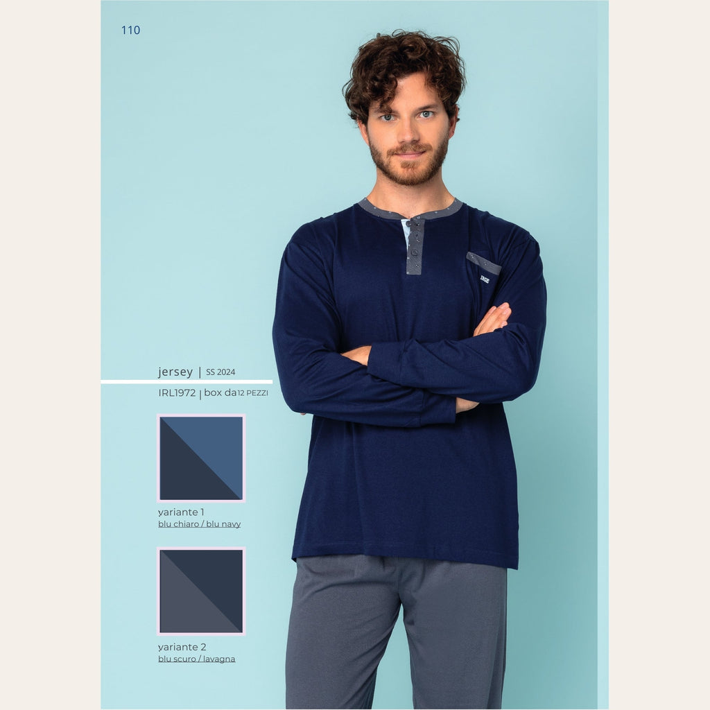 Irge - Pigiama Uomo Cotone Serafino Lungo Cotone Con Taschino  Art. Irl1972