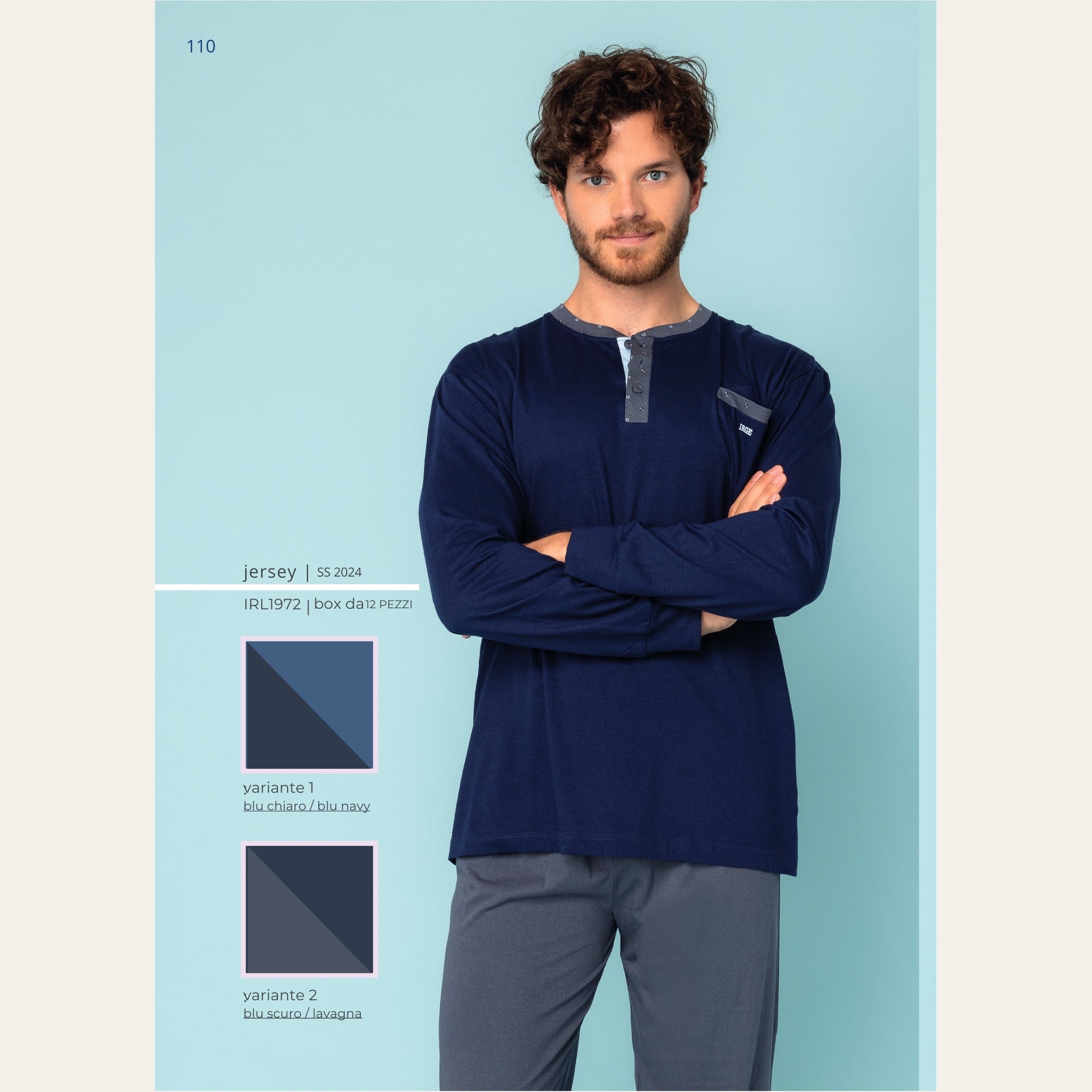 Irge - Pigiama Uomo Cotone Serafino Lungo Cotone Con Taschino  Art. Irl1972