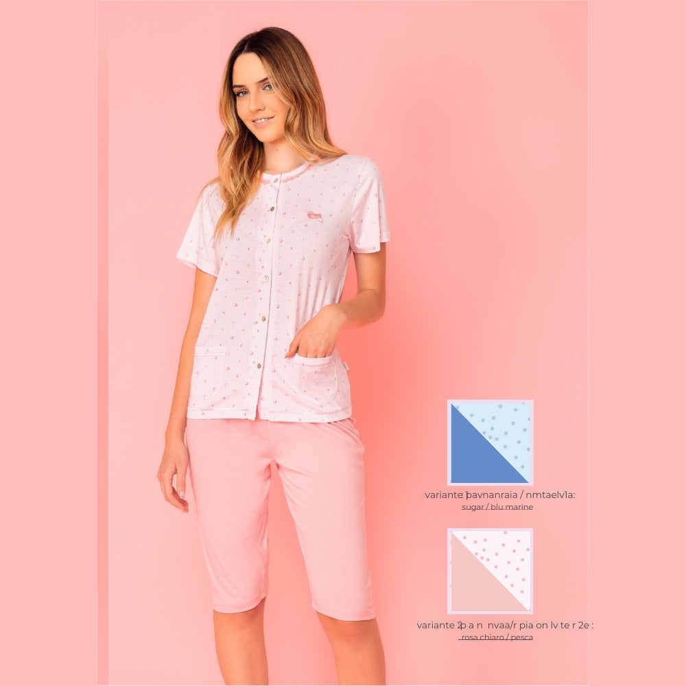Irge - Pigiama Donna In Cotone Calibrato Aperto Mezza Manica Pescatore  Stampato Art. Cdc187