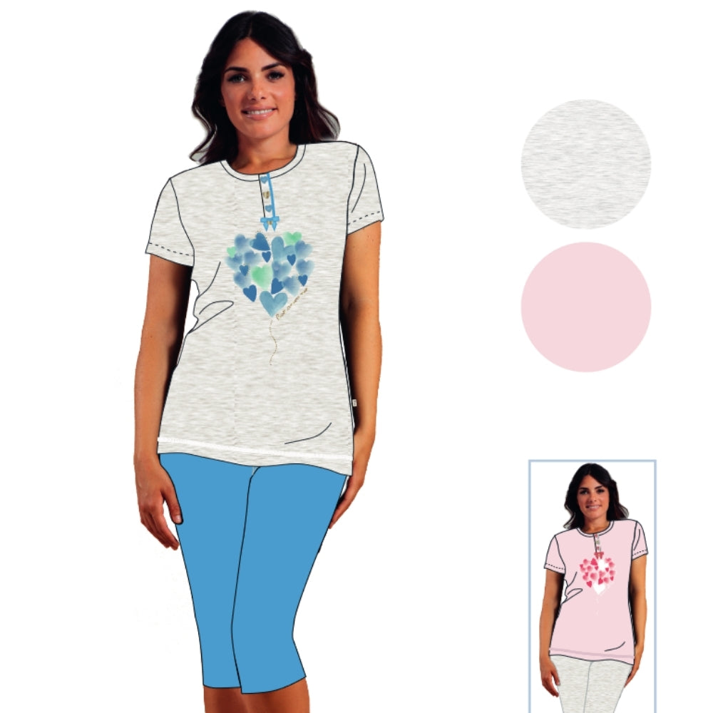 Irge - Pigiama Donna In Cotone Serafino Mezza Manica Pescatore In Jersey Puro Cotone Con Stampa Art. Mic2046