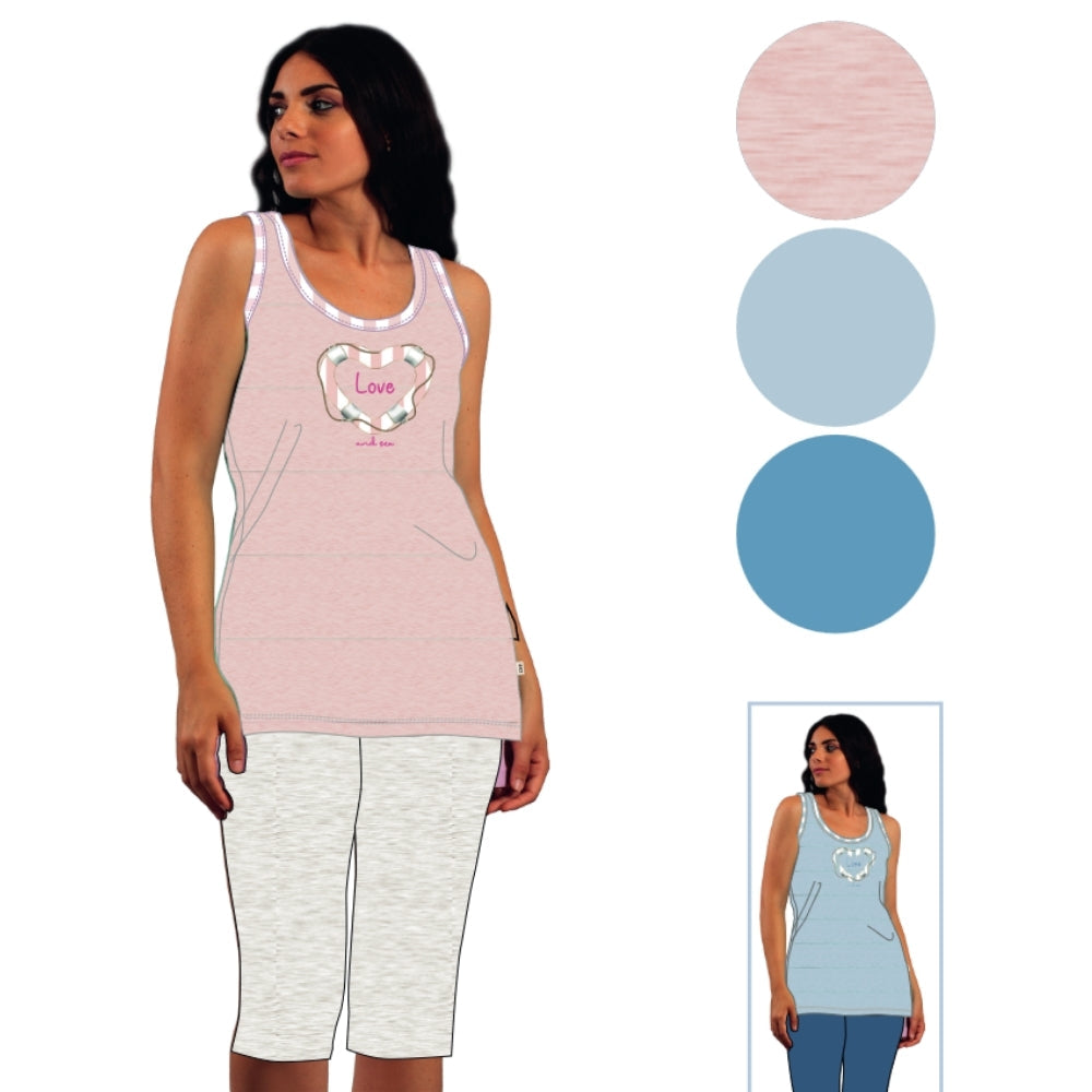 Irge - Pigiama Donna Spalla Larga Pescatore In Jersey Puro Cotone Con Stampa  Art. Mic2009