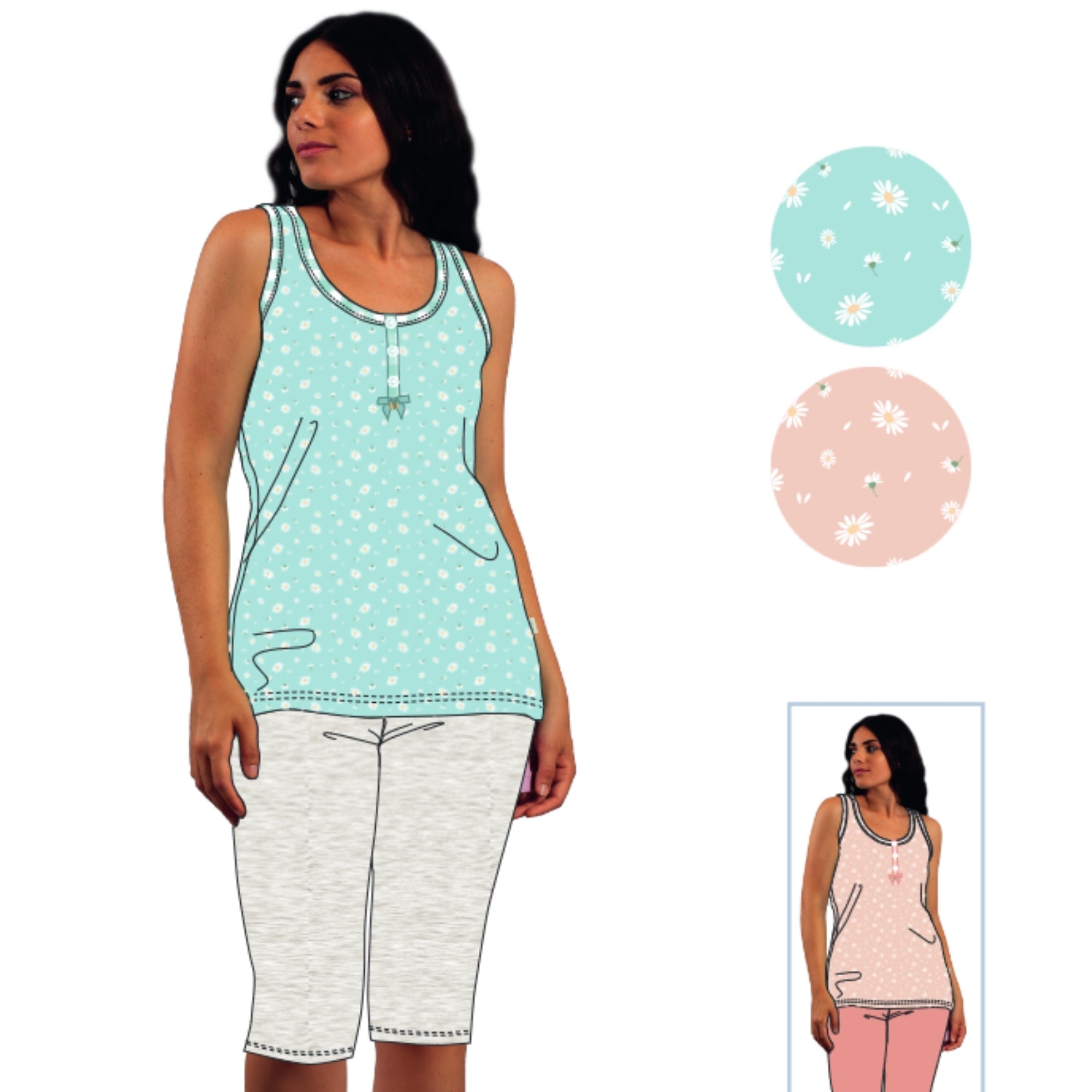 Irge - Pigiama Donna Serafino Spalla Larga Pescatore Stampato In Puro Cotone  Art. Mic2015