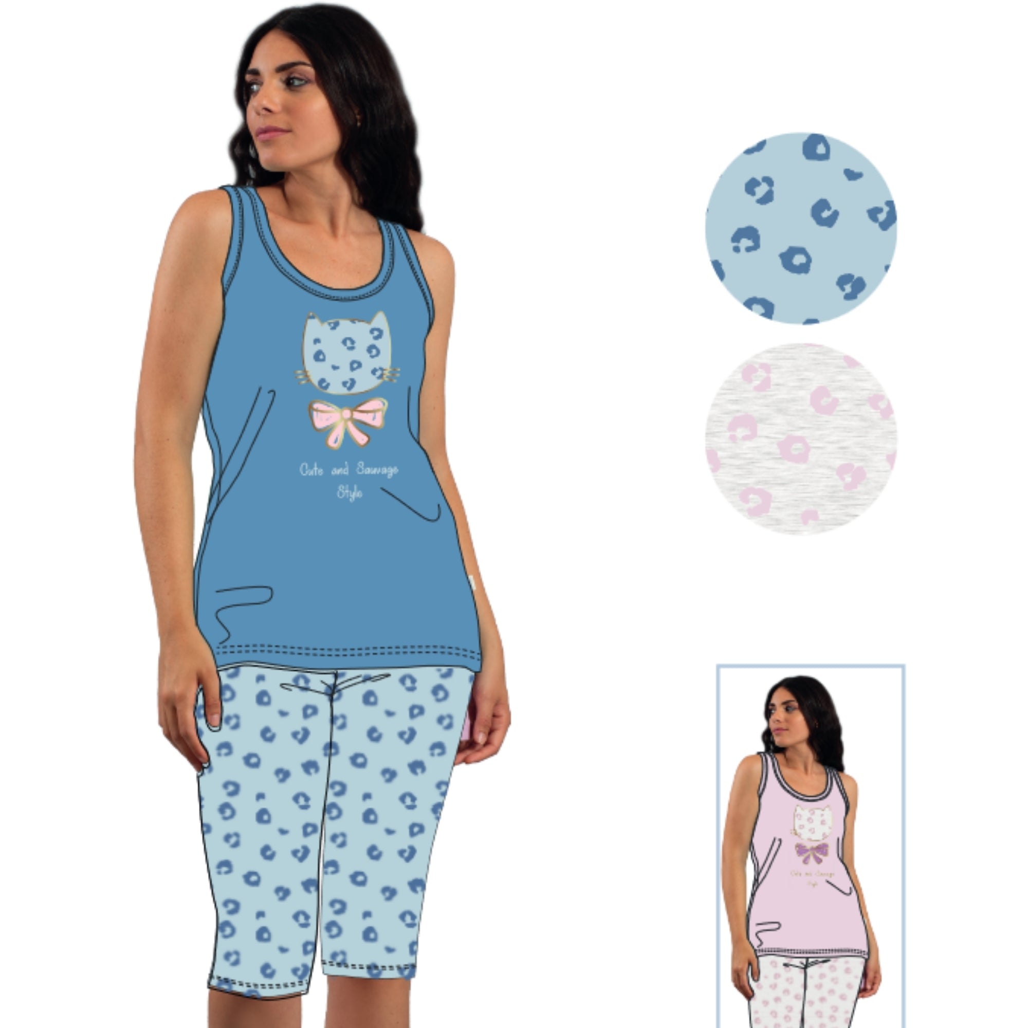 Irge - Pigiama Donna Pescatore Spalla Larga Con Applicazione In Puro Cotone  Art. Mic2041