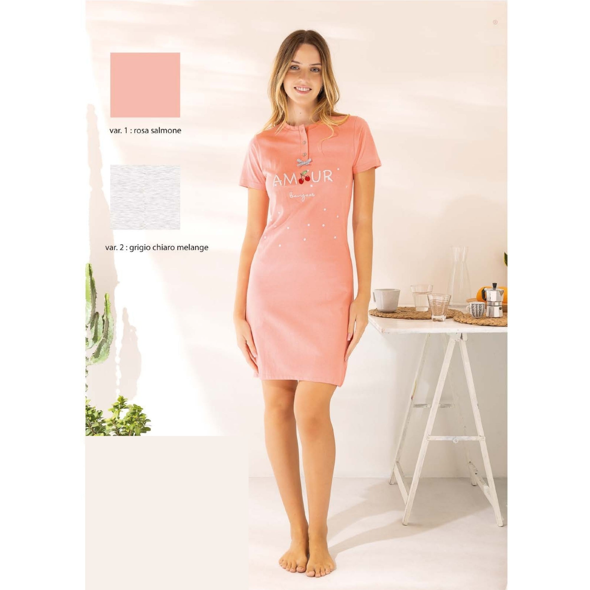 Irge Estate Camicia Da Notte Mezza Manica 3 Bottoni In Puro Cotone Ricamata  Art. Mic2036