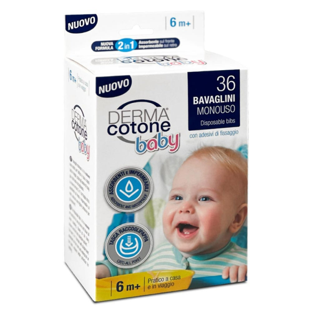 Dermacotone - Confezione 36 Pezzi Bavette Monouso Con Tasca Raccoglipappa E Adesivi Di Fissaggio Art. Bavette