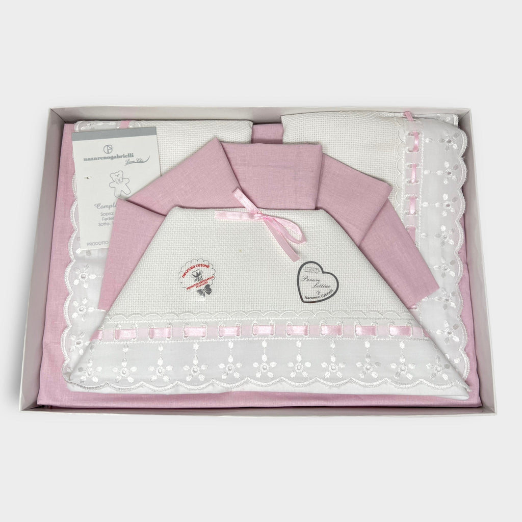 Nazareno Gabrielli - Completo Lettino Cotone 120x180 Rosa Cielo Grigio Panna Art. Ng123