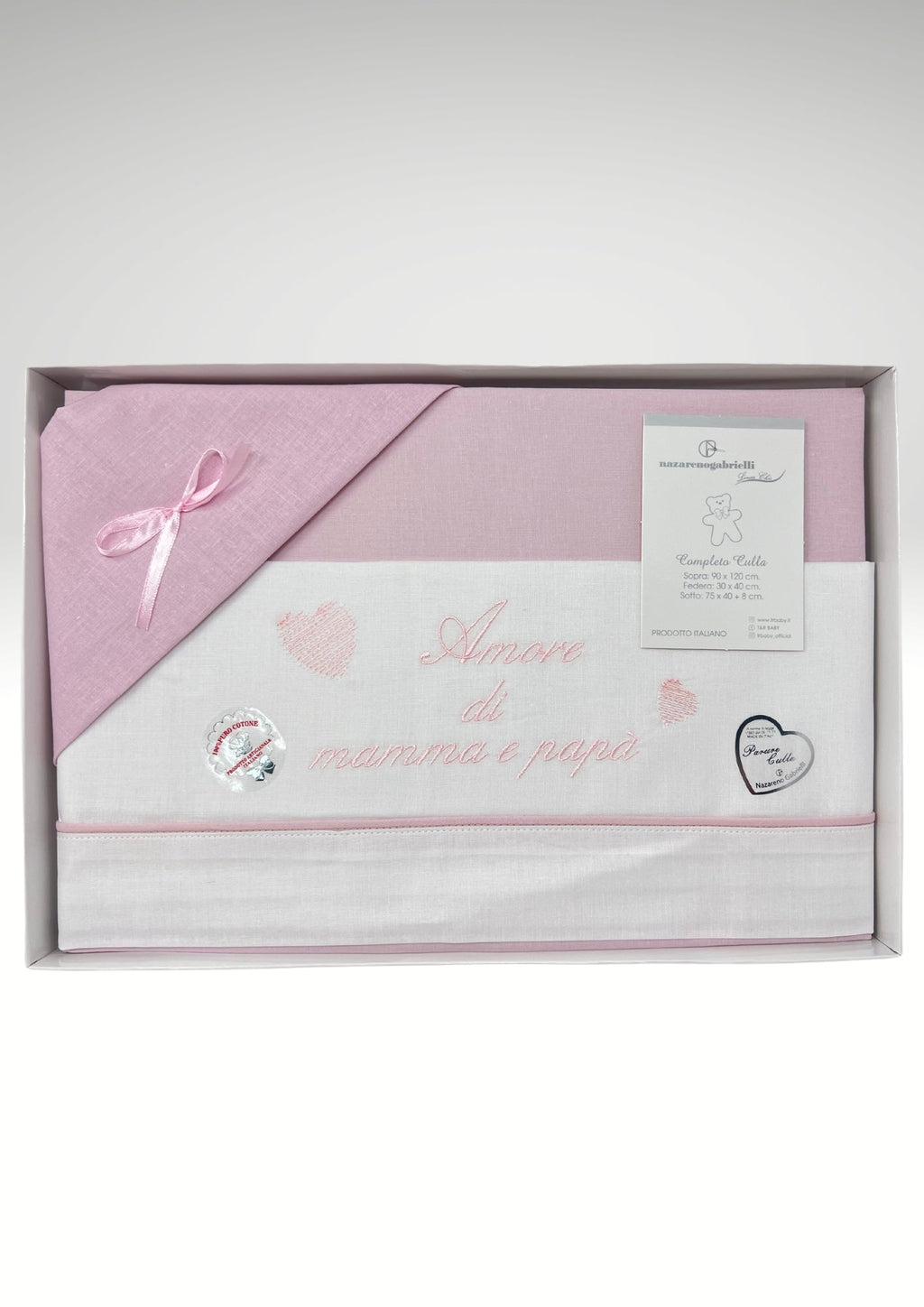 Nazareno Gabrielli Completo Lenzuola 3 Pezzi Per Carrozzina 90x120 Ricamo Amore Di Mamma E' Papa' Cielo Rosa Ng91a