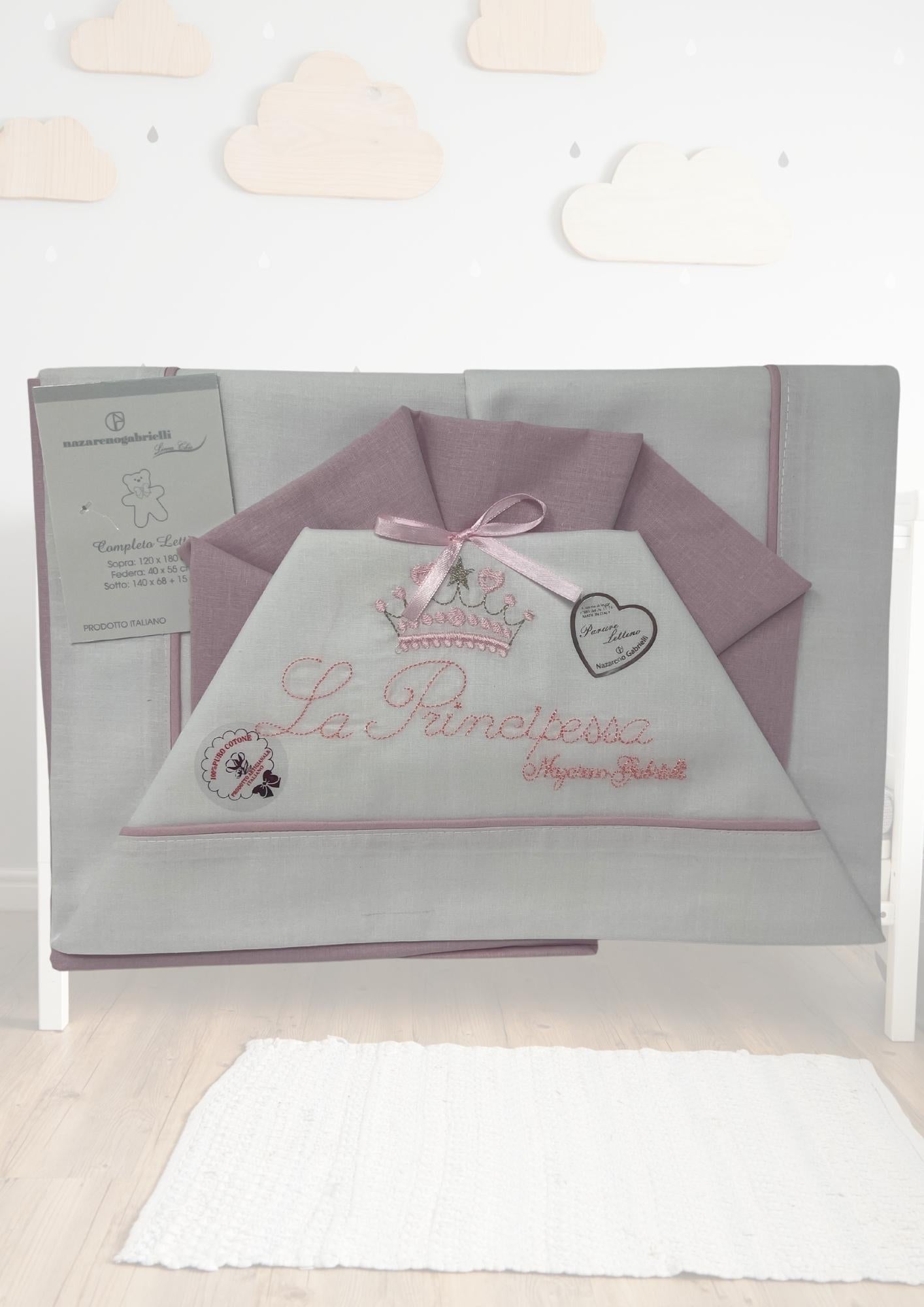 Nazareno Gabrielli Ng101p Completo Lettino Cotone 120x180 Ricamo Principino-principessa Cielo Rosa Art. Ng101p