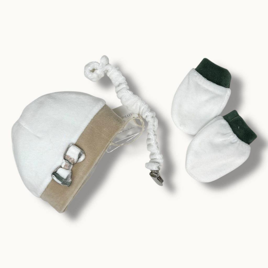 Nazareno Gabrielli Set Neonato -cappello+babbucce+portaciuccio- In Ciniglia Di Cotone Art. Ng2147-46