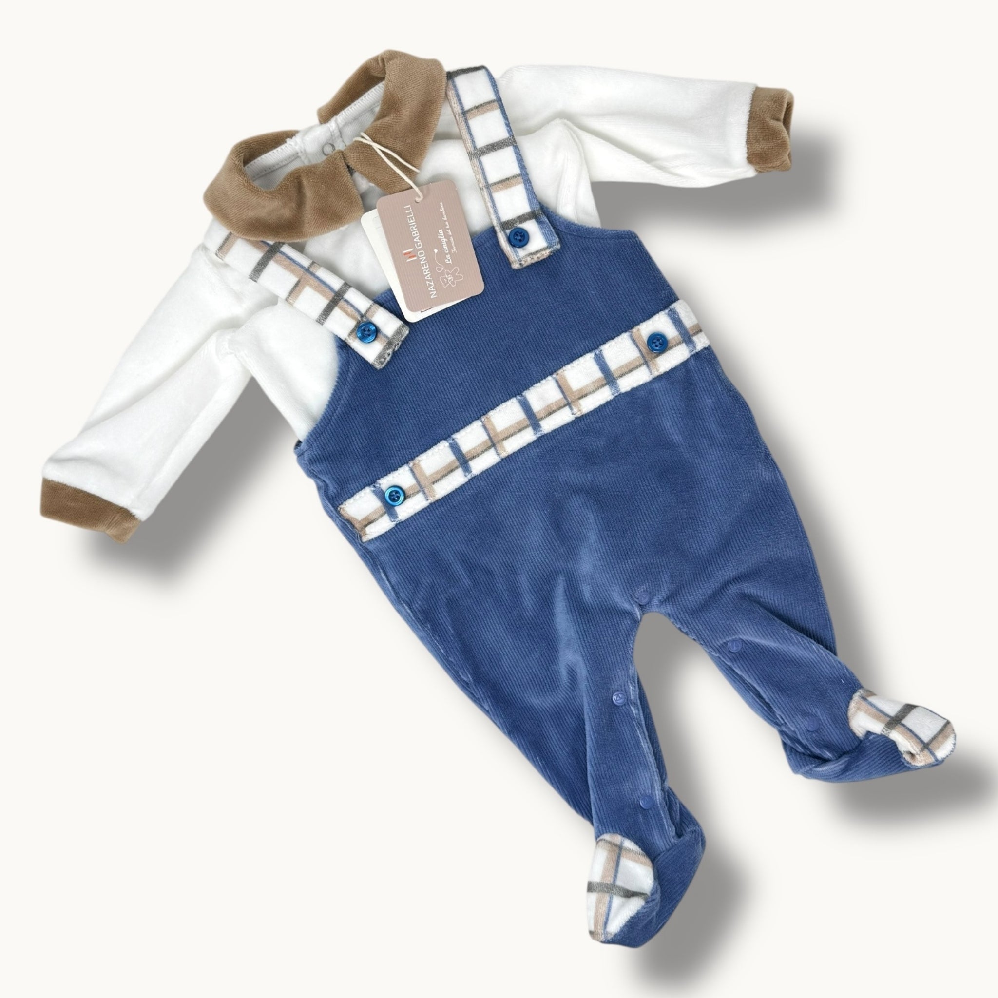 Nazareno Gabrielli Baby Salopetta 2 Pezzi Neonato In Ciniglia Di Cotone 100% Fantasia Art. Ng2146-46