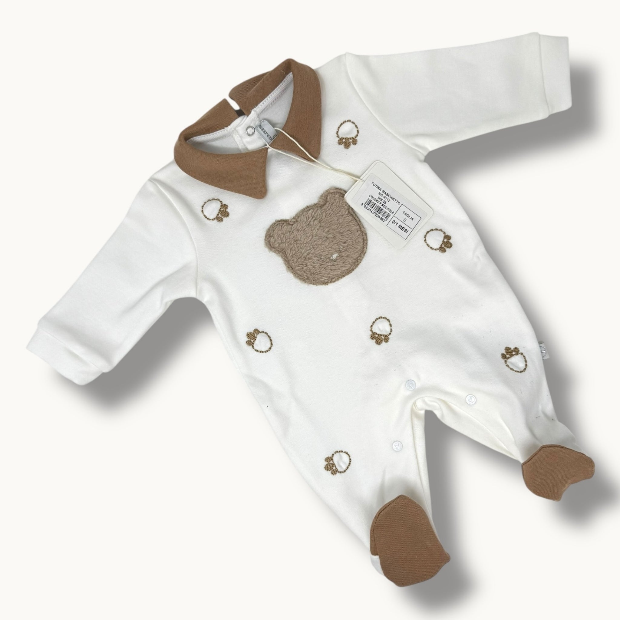 Nazareno Gabrielli Baby  Tutina Neonato In Caldo Cotone 100% Con Ricamo E Applicazione Art. Ng2112-55