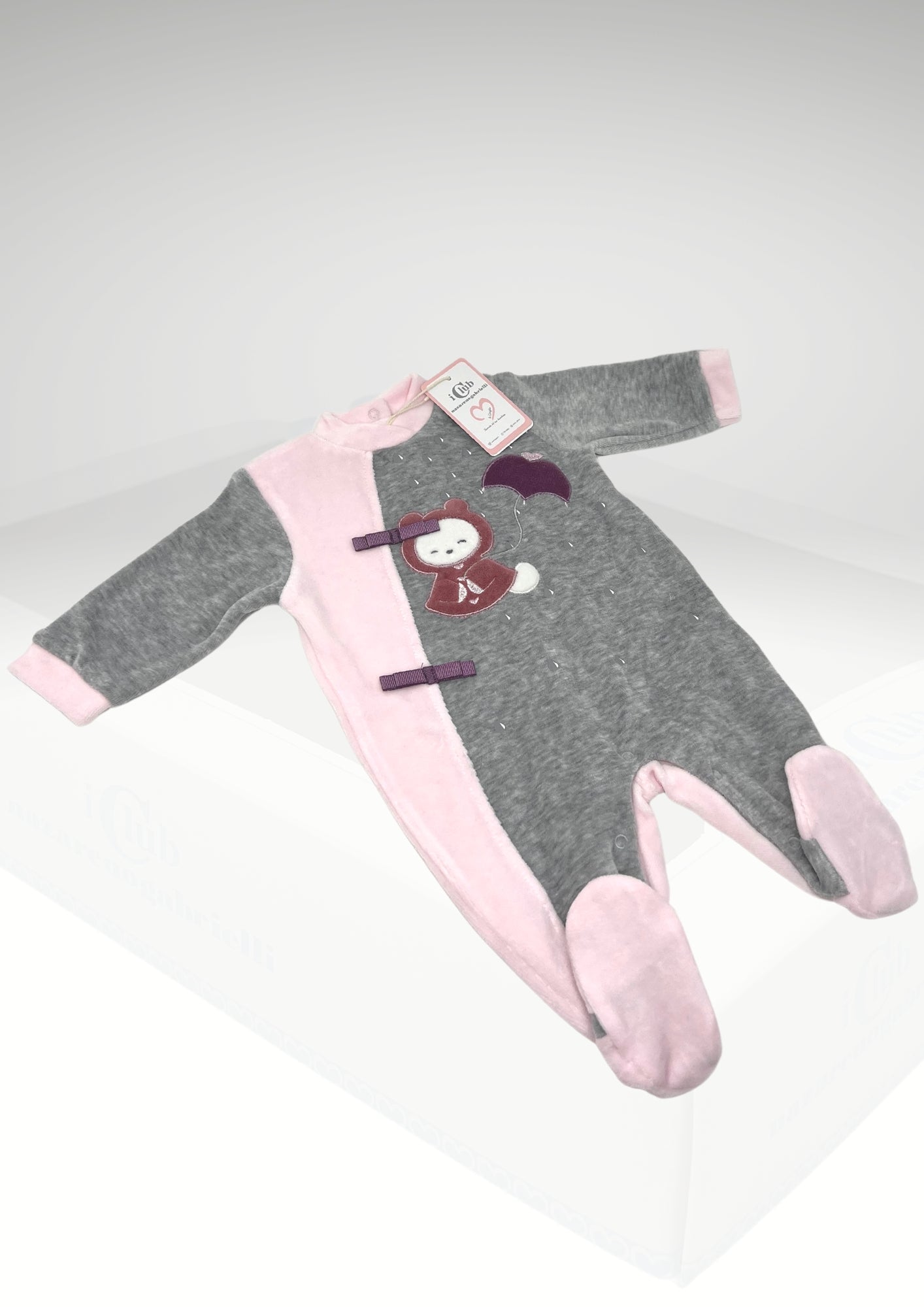 Nazareno Gabrielli Tutina Ciniglia Neonata - Tutina Per Femminuccia Ricamata Grigio Rosa Art. Ng630/11