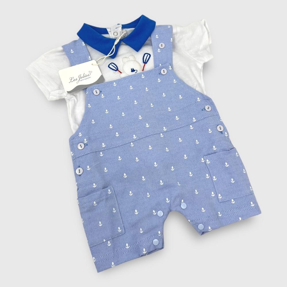 Les Jolies Salopette + T-shirt Maschietto In Puro Cotone Ricamato  Art. Lj348-20