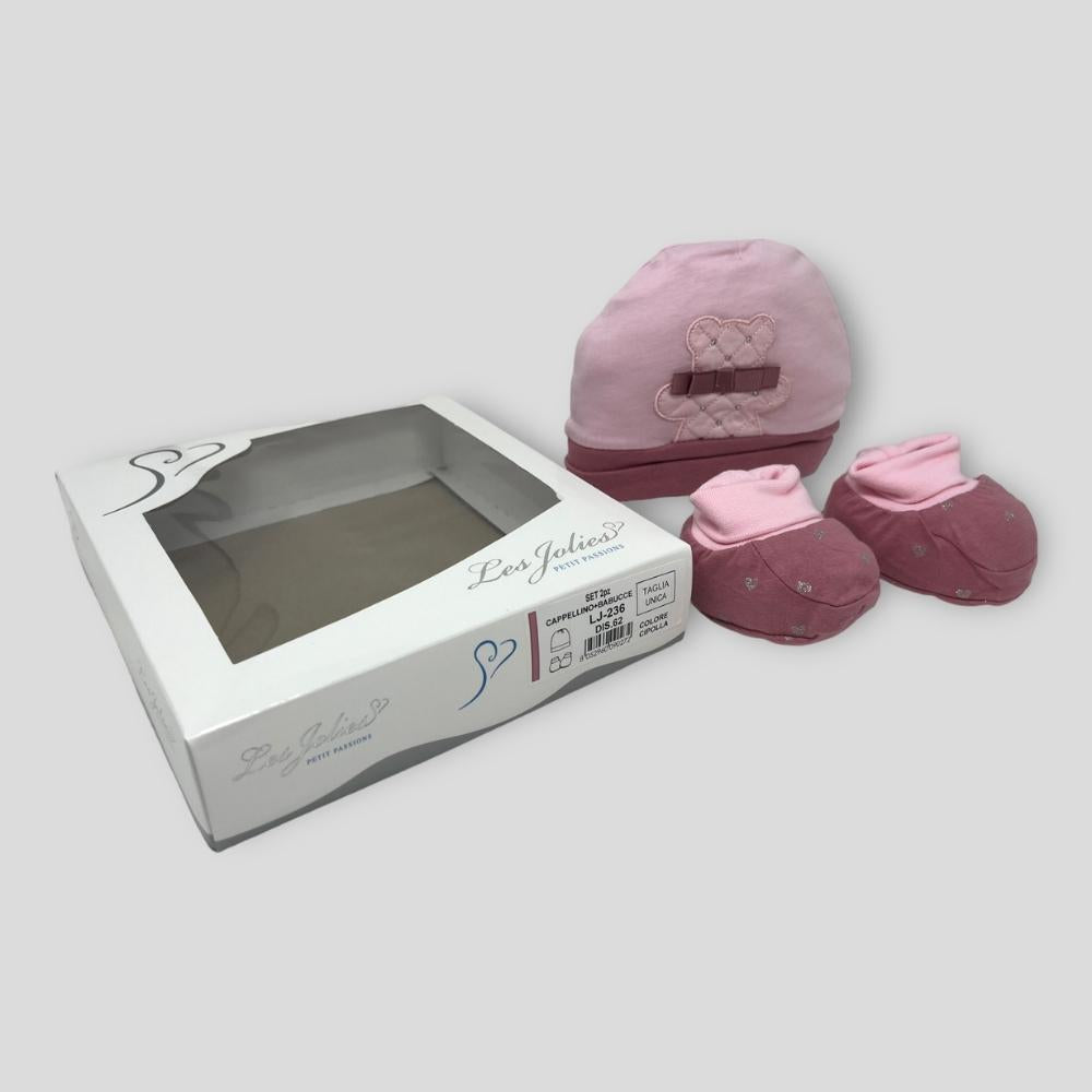 Lj236-62 Set 2 Pezzi Cappello+babucce Baby Femminuccia In Puro Cotone  Art.lj236-62