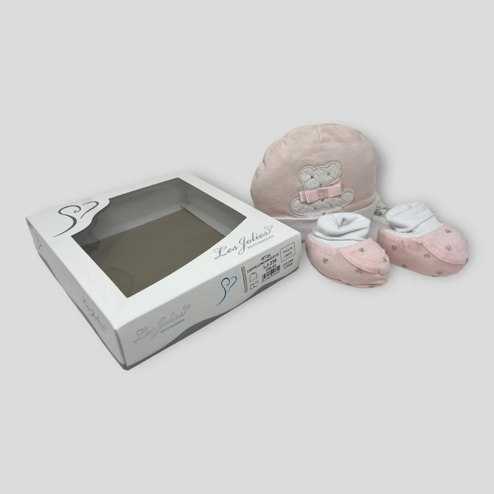 Lj236-62 Set 2 Pezzi Cappello+babucce Baby Femminuccia In Puro Cotone  Art.lj236-62