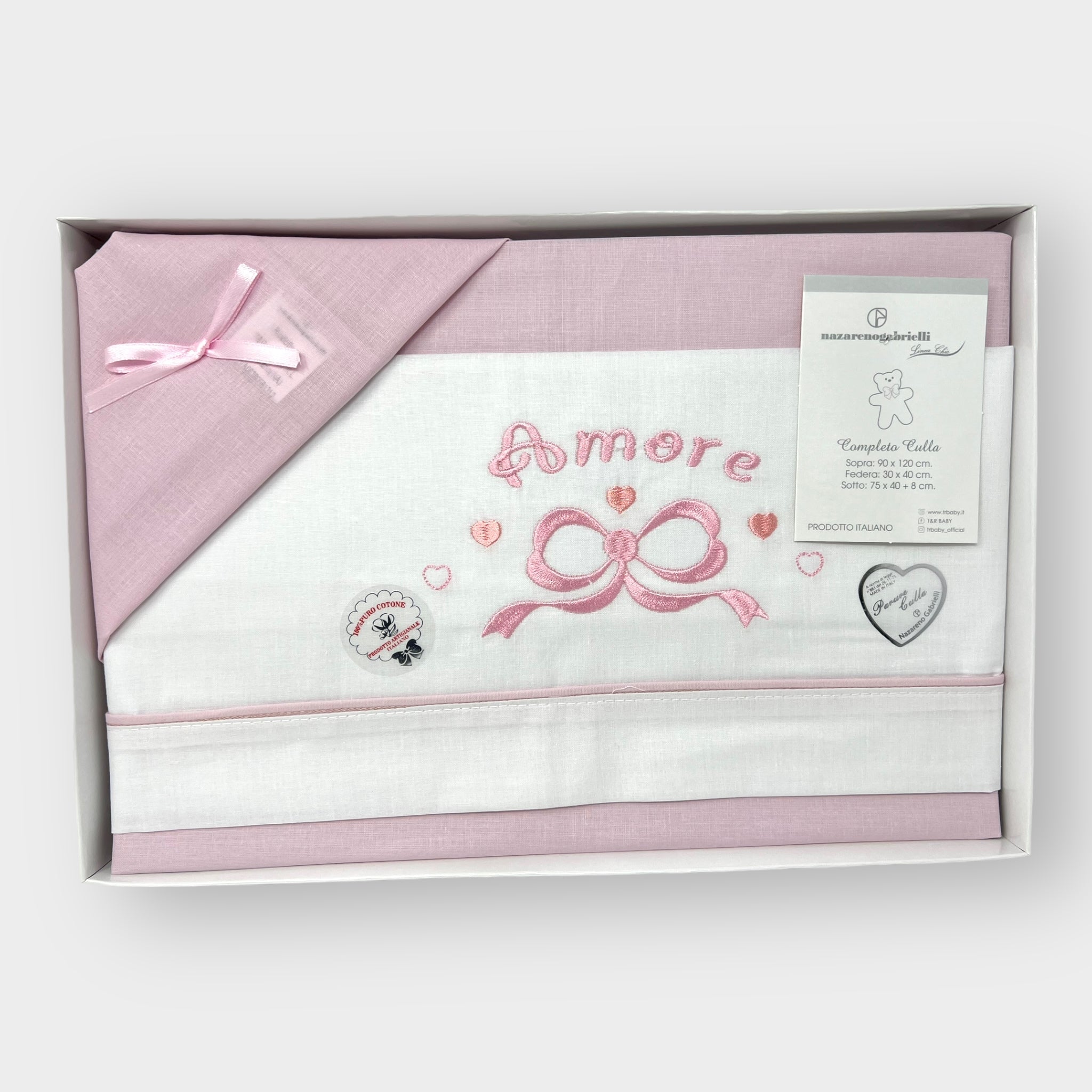 Nazareno Gabrielli - Completo Lenzuola 3 Pezzi Per Carrozzina 90x120 Ricamo Fiocco Amore Cielo Rosa Art. Ng91f