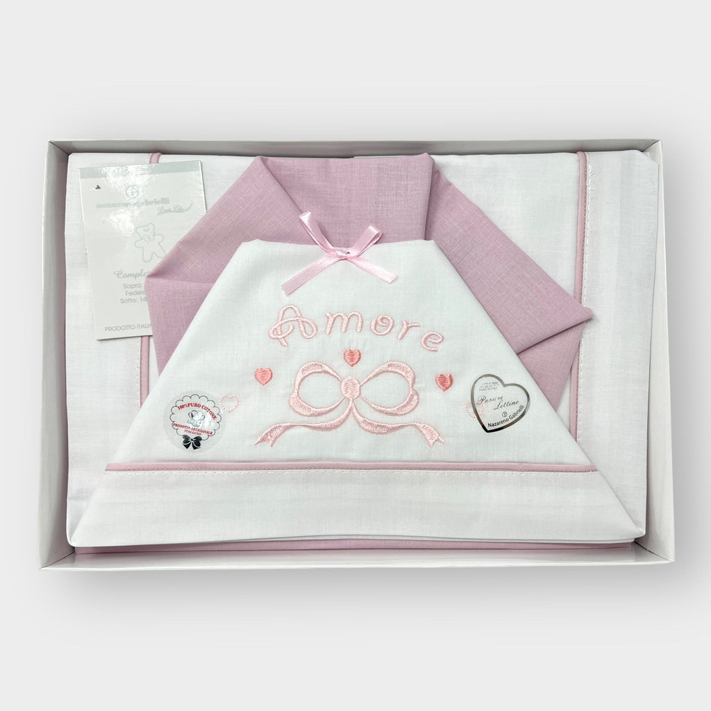 Nazareno Gabrielli Completo Culla Grande Cotone 120x180 Ricamo Amore Cielo Rosa Ng101f