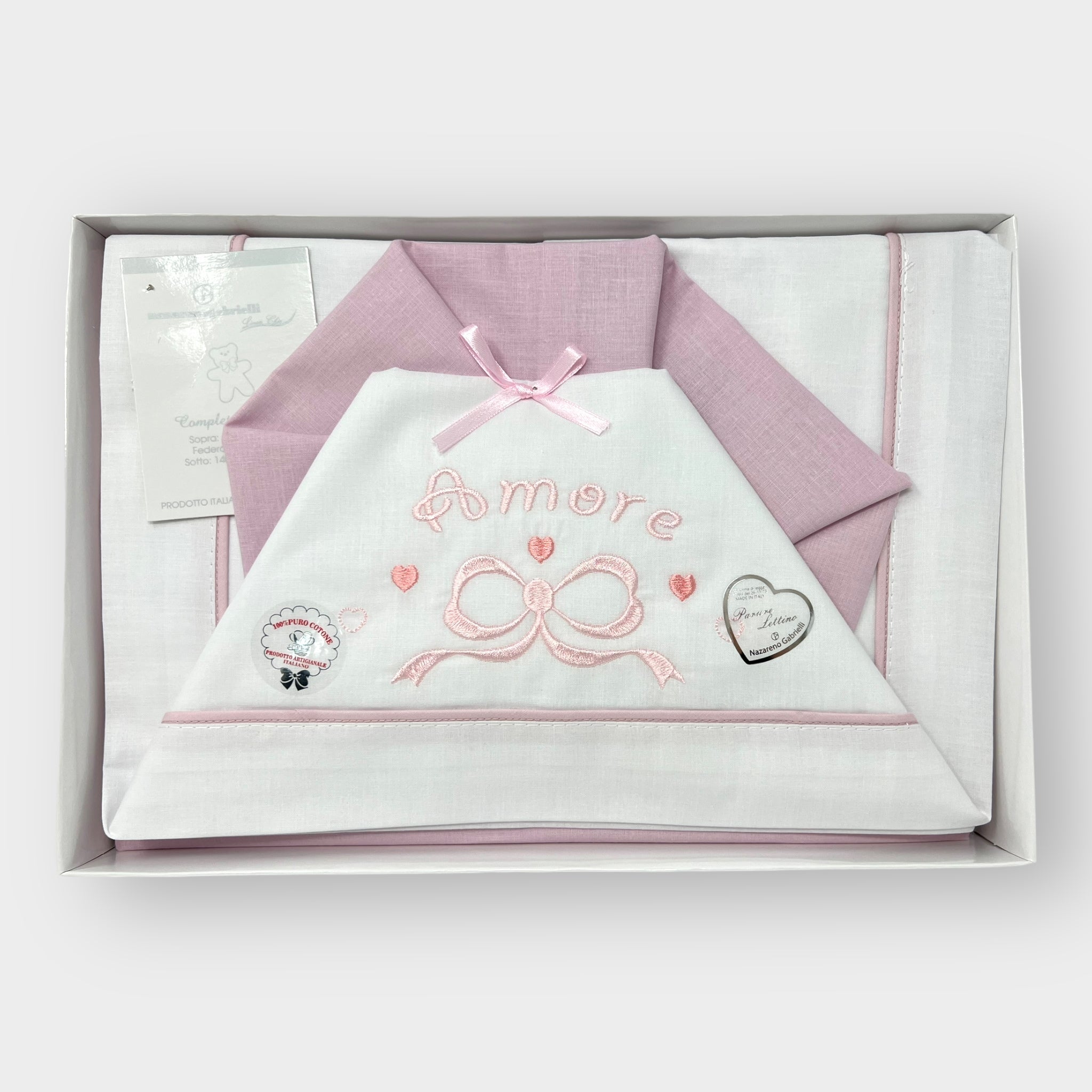 Nazareno Gabrielli Completo Culla Grande Cotone 120x180 Ricamo Amore Cielo Rosa Ng101f