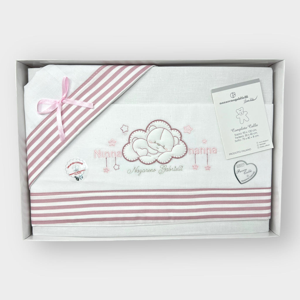 Nazareno Gabrielli Completo Lenzuola Carrozzina Ricamata 90x120 Cielo Rosa Grigio Panna Ng91