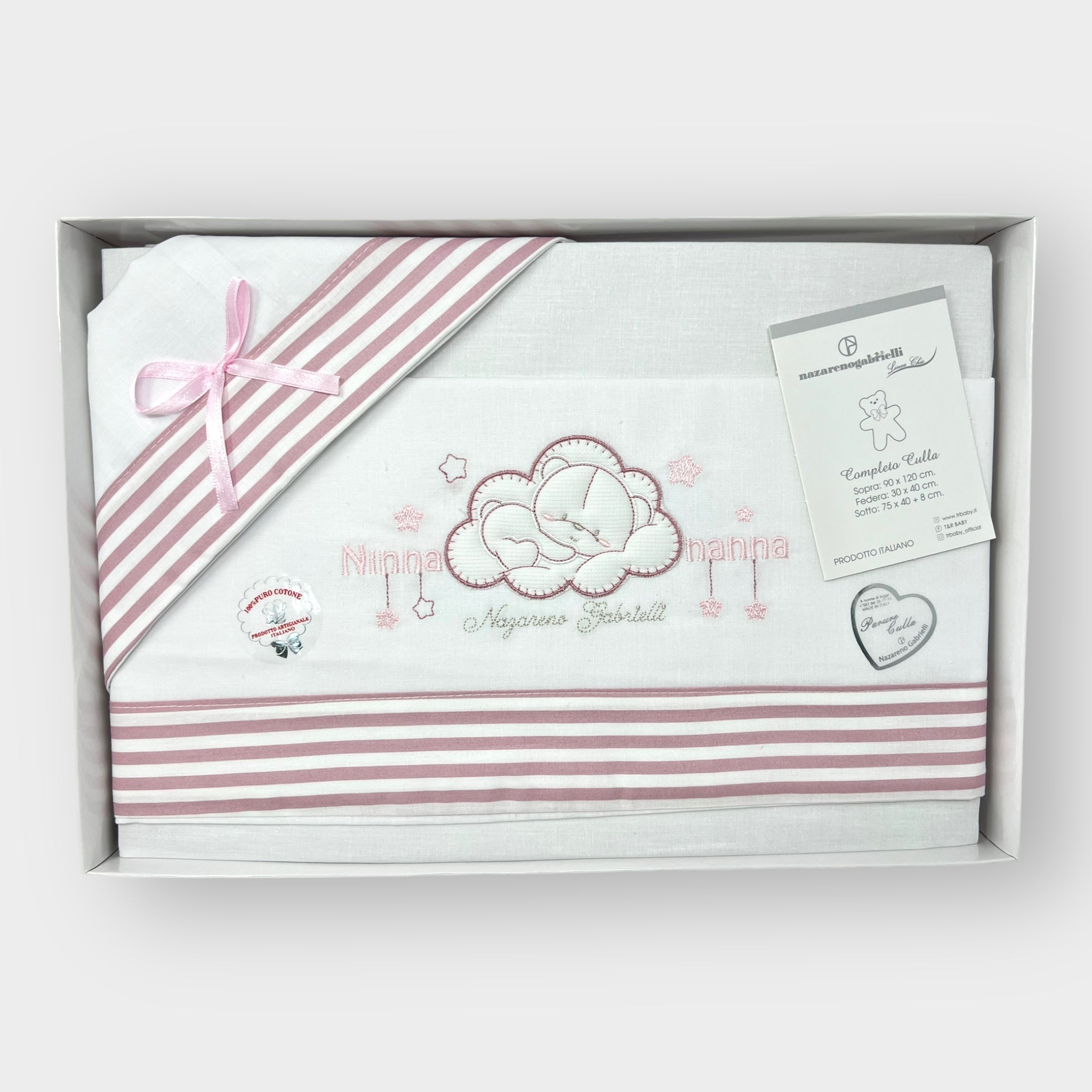 Nazareno Gabrielli Completo Lenzuola Carrozzina Ricamata 90x120 Cielo Rosa Grigio Panna Ng91
