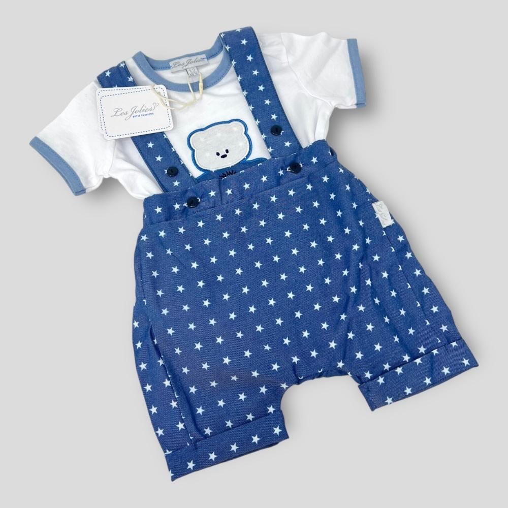 Les Jolies Salopette + T-shirt Maschietto In Puro Cotone Ricamato  Art. Lj378-201