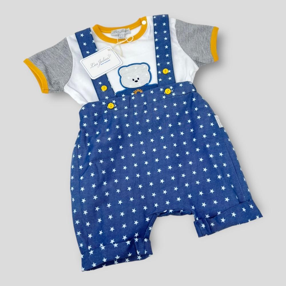 Les Jolies Salopette + T-shirt Maschietto In Puro Cotone Ricamato  Art. Lj378-201