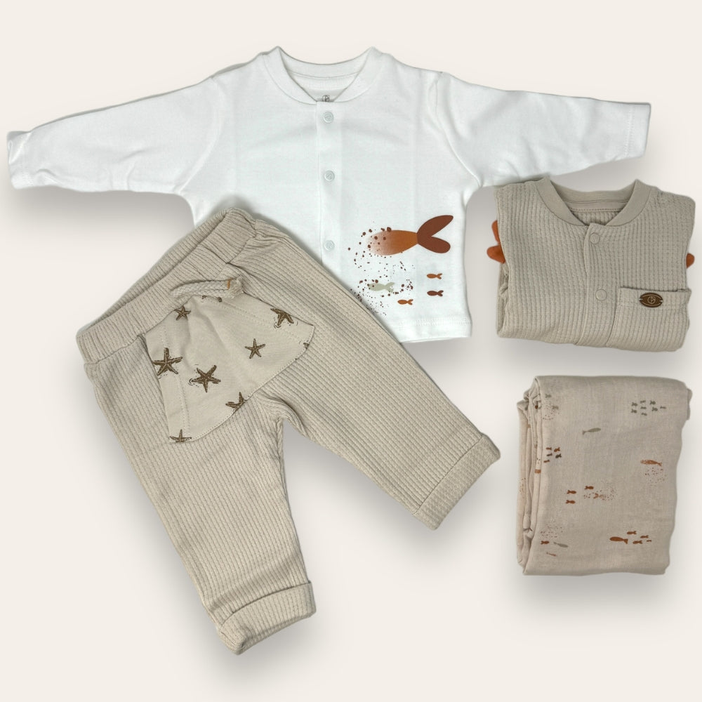 Nazareno Gabrielli - Set Nascita 4 Pezzi (copertina+tutina+pantalone+giacchina) In Puro Cotone Art. Ng3480