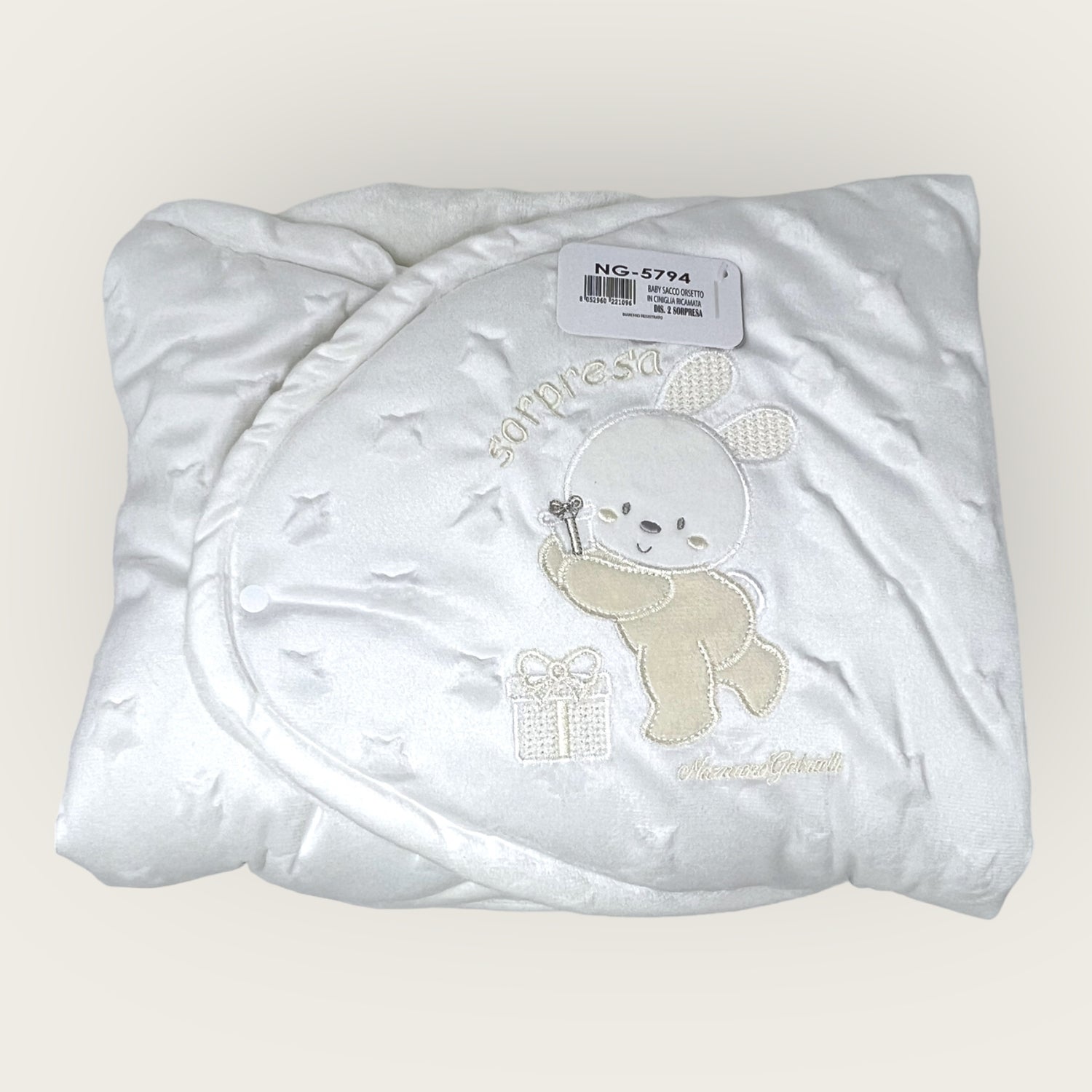 Nazareno Gabrielli Baby Sacco Orsetto In Ciniglia Di Cotone Ricamata  Art. Ng5794