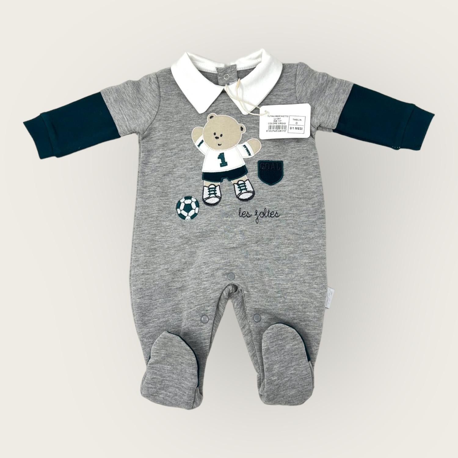 Les Jolies Tutina Baby Maschietto In Caldo Cotone -di Cotone- Ricamata Art. Lj341-117
