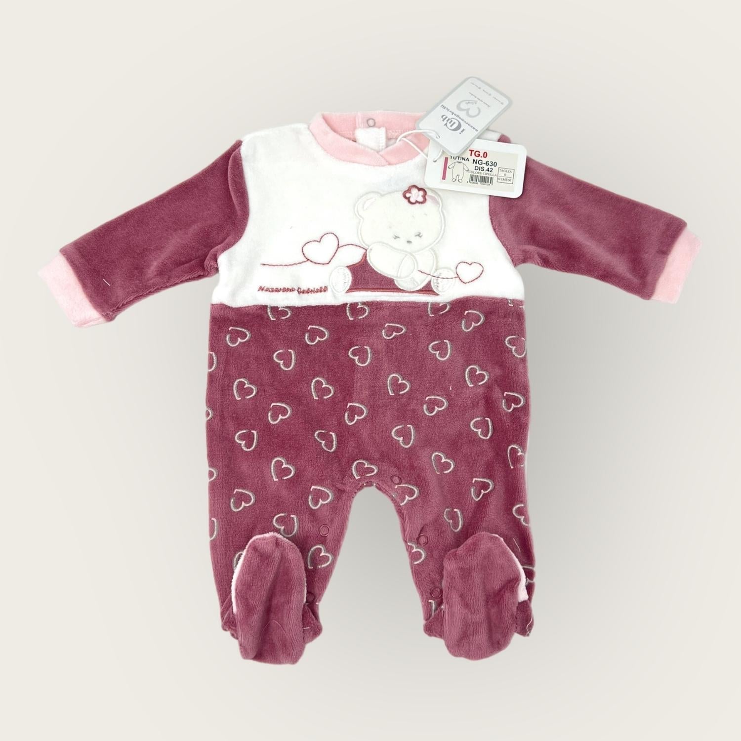 Nazareno Gabrielli Tutina Baby Femminuccia In Morbida Ciniglia -di Cotone- Ricamata  Art. Ng630-42