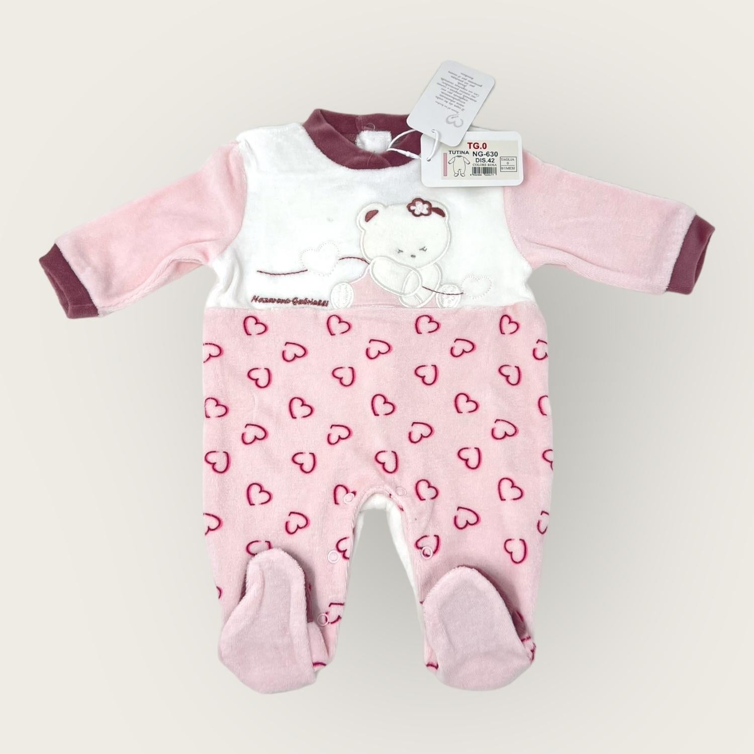 Nazareno Gabrielli Tutina Baby Femminuccia In Morbida Ciniglia -di Cotone- Ricamata  Art. Ng630-42