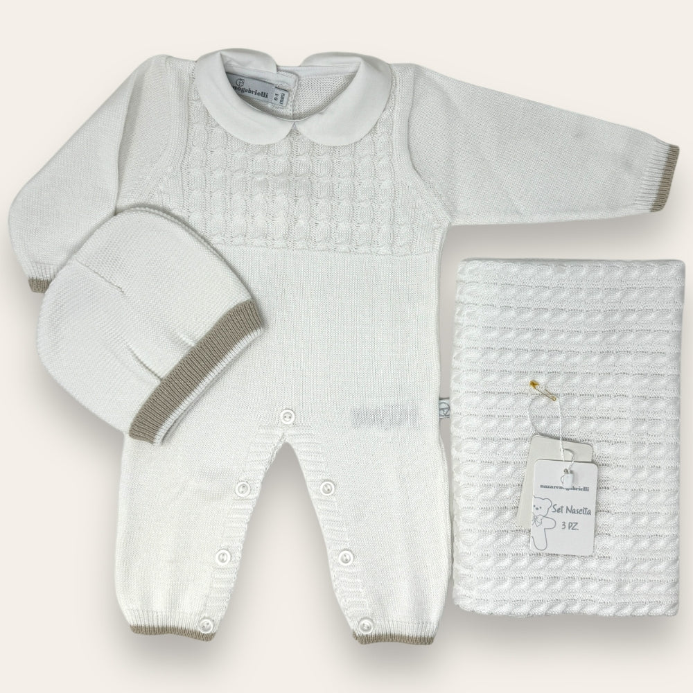 Nazareno Gabrielli - Set Nascita 3 Pezzi (copertina+tutina+cappellino) In Filo Di Puro Cotone Art. Ng3485-1