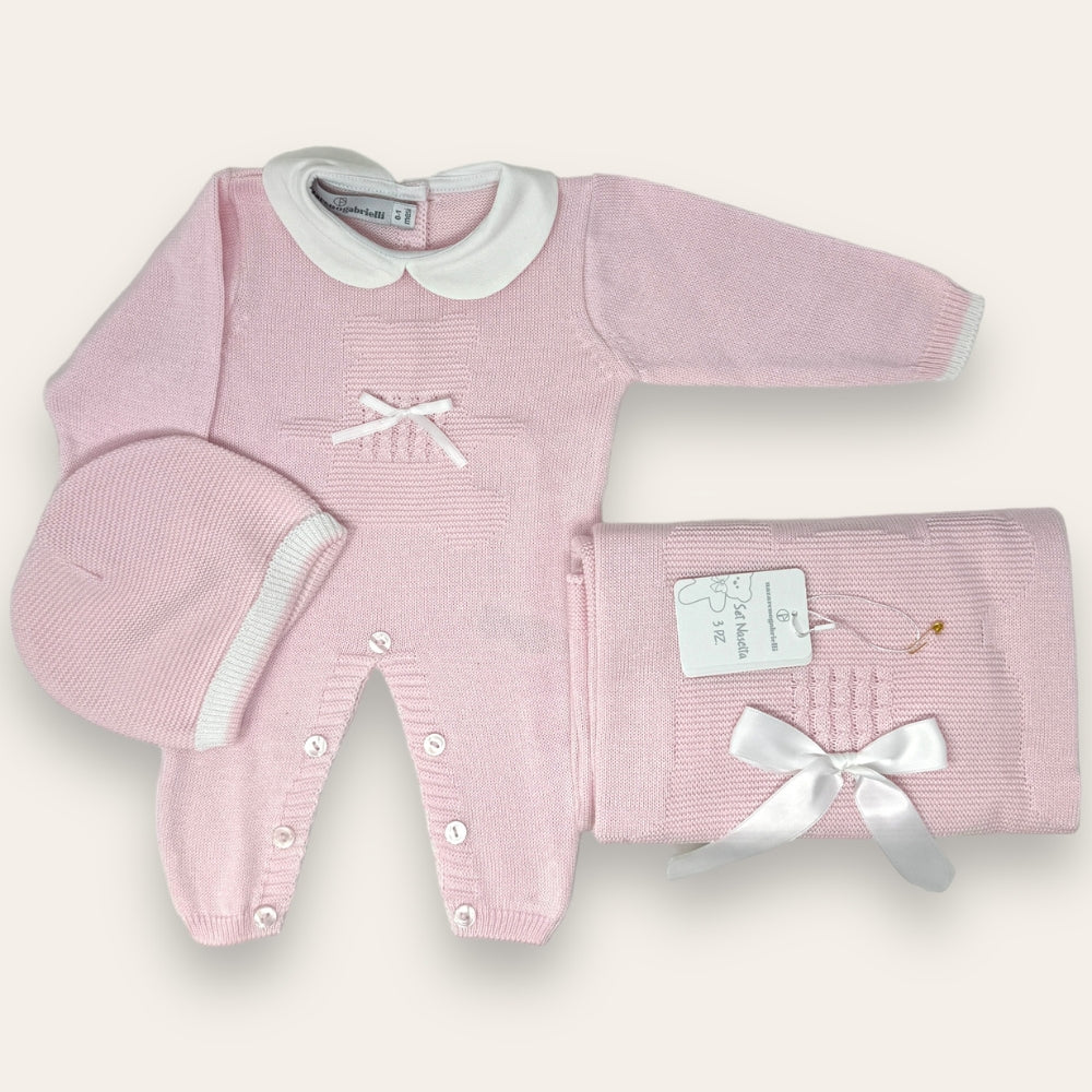 Nazareno Gabrielli - Set Nascita 3 Pezzi (copertina+tutina+cappellino) In Filo Di Puro Cotone  Art. Ng3485-2