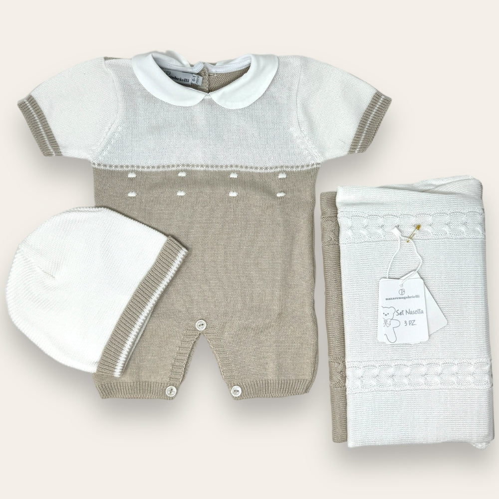Nazareno Gabrielli - Set Nascita 3 Pezzi (copertina+tutina+cappellino) In Filo Di Puro Cotone Art. Ng3486