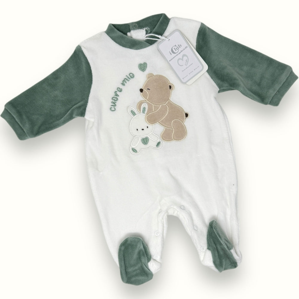 Nazareno Gabrielli - Tutina Baby (colori Neutri Per Gender Reveal) In Morbida Ciniglia -di Cotone- Ricamata  Art. Ng625-19