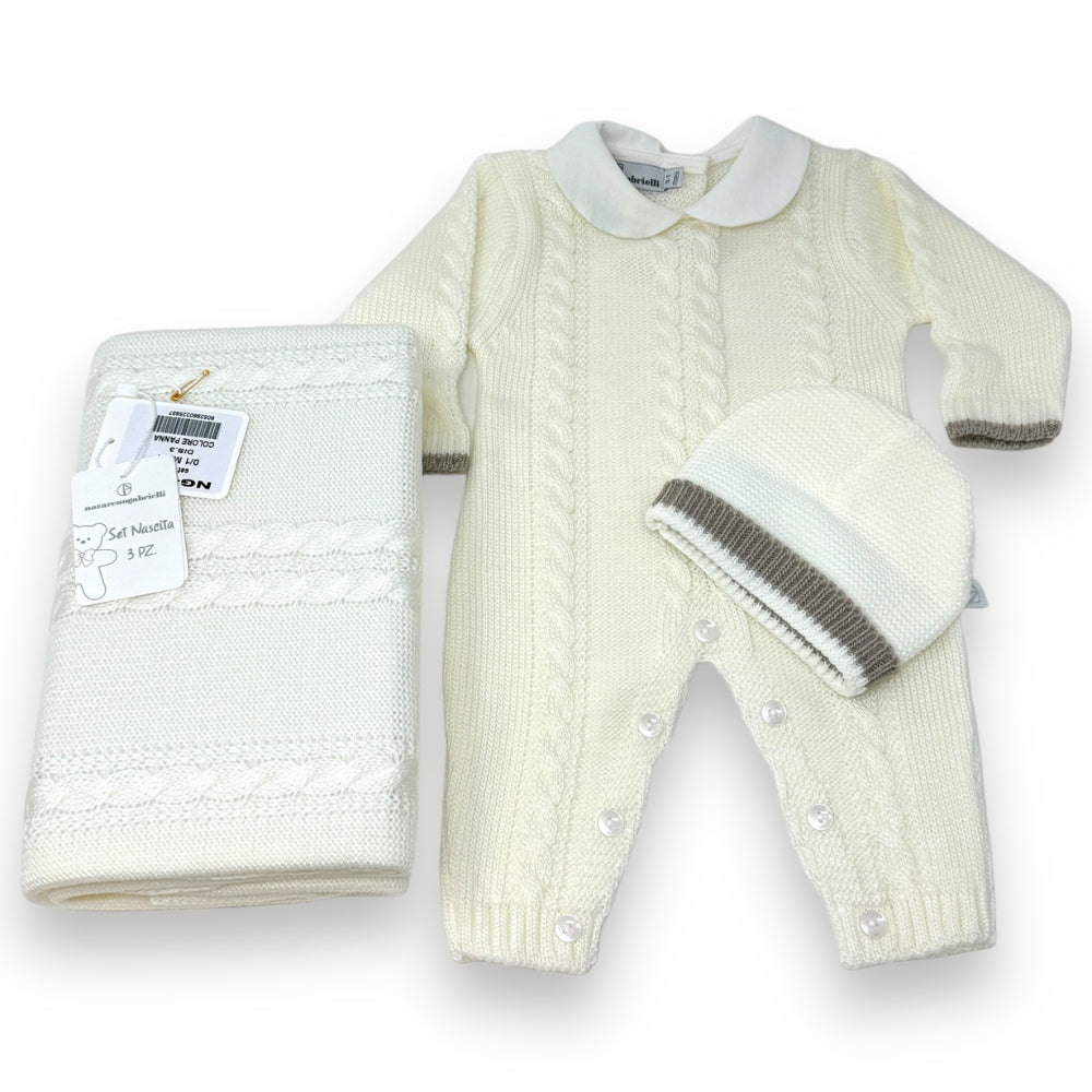 Nazareno Gabrielli - Set Nascita 3 Pezzi (copertina+tutina+cappellino) Mano Lana  Art. Ng3488-3