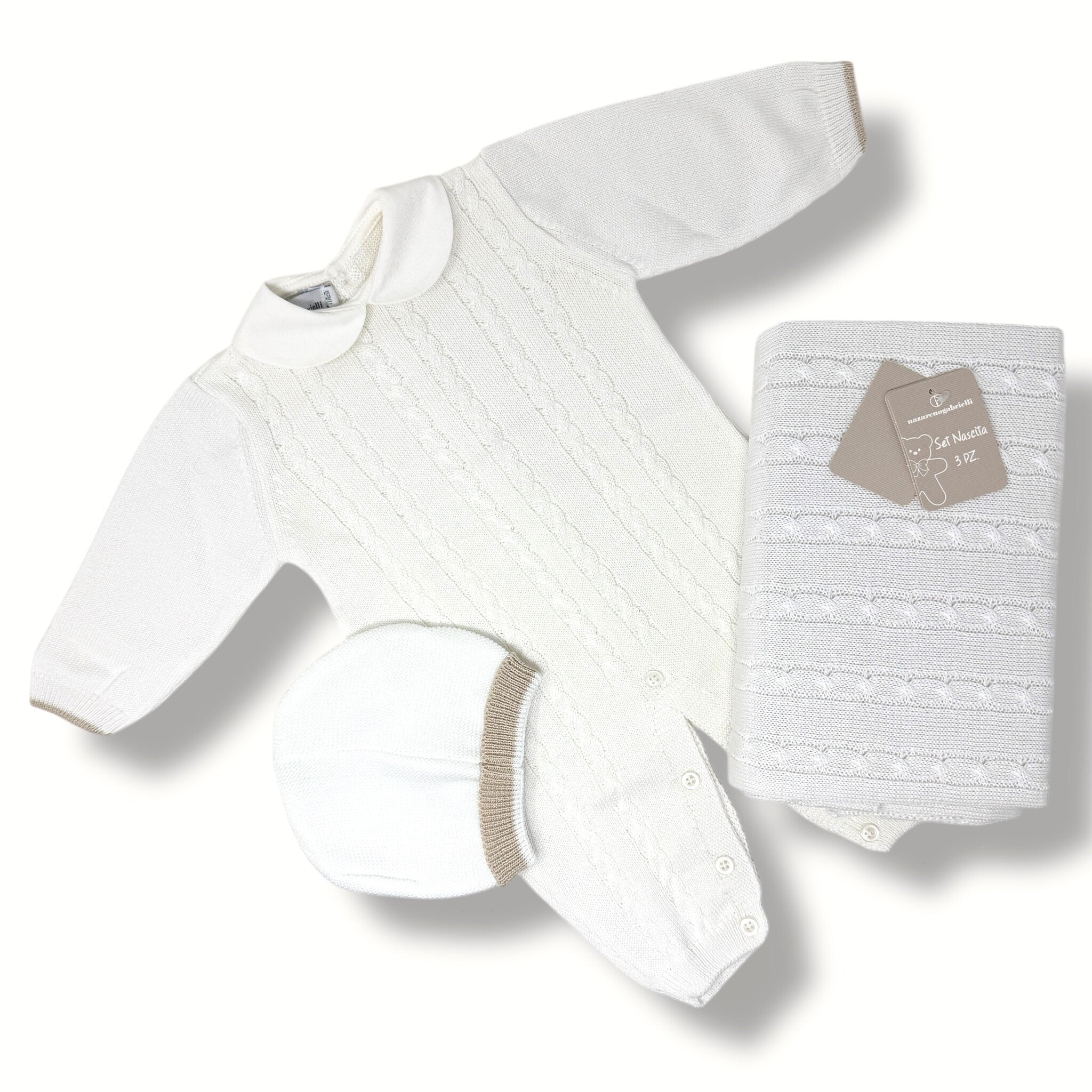 Nazareno Gabrielli - Set Nascita 3 Pezzi (copertina + Tutina + Cappellino) In Filo Di Puro Cotone Art. Ng3485-4