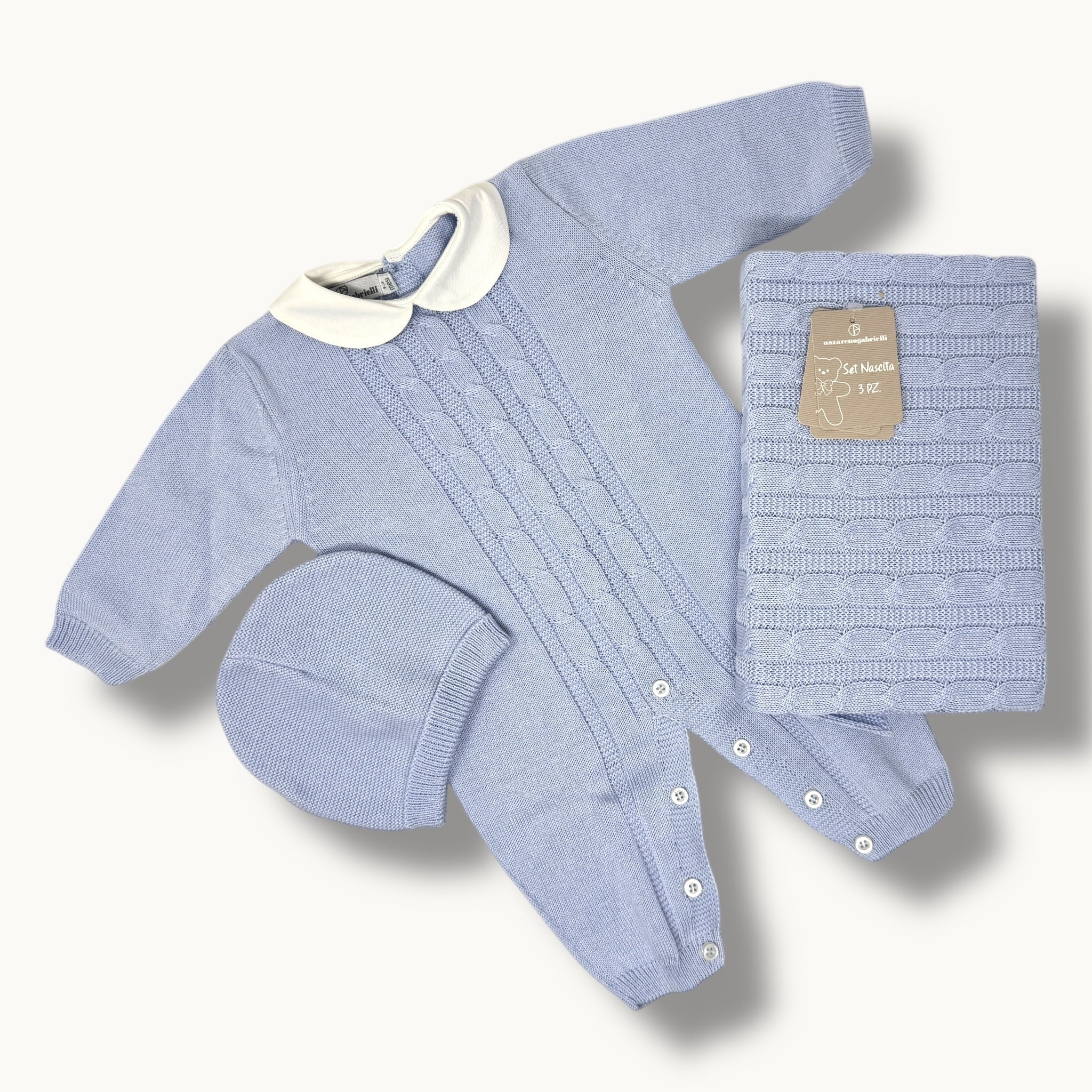 Nazareno Gabrielli - Set Nascita 3 Pezzi (copertina + Tutina + Cappellino) In Filo Di Puro Cotone Art. Ng3485-5