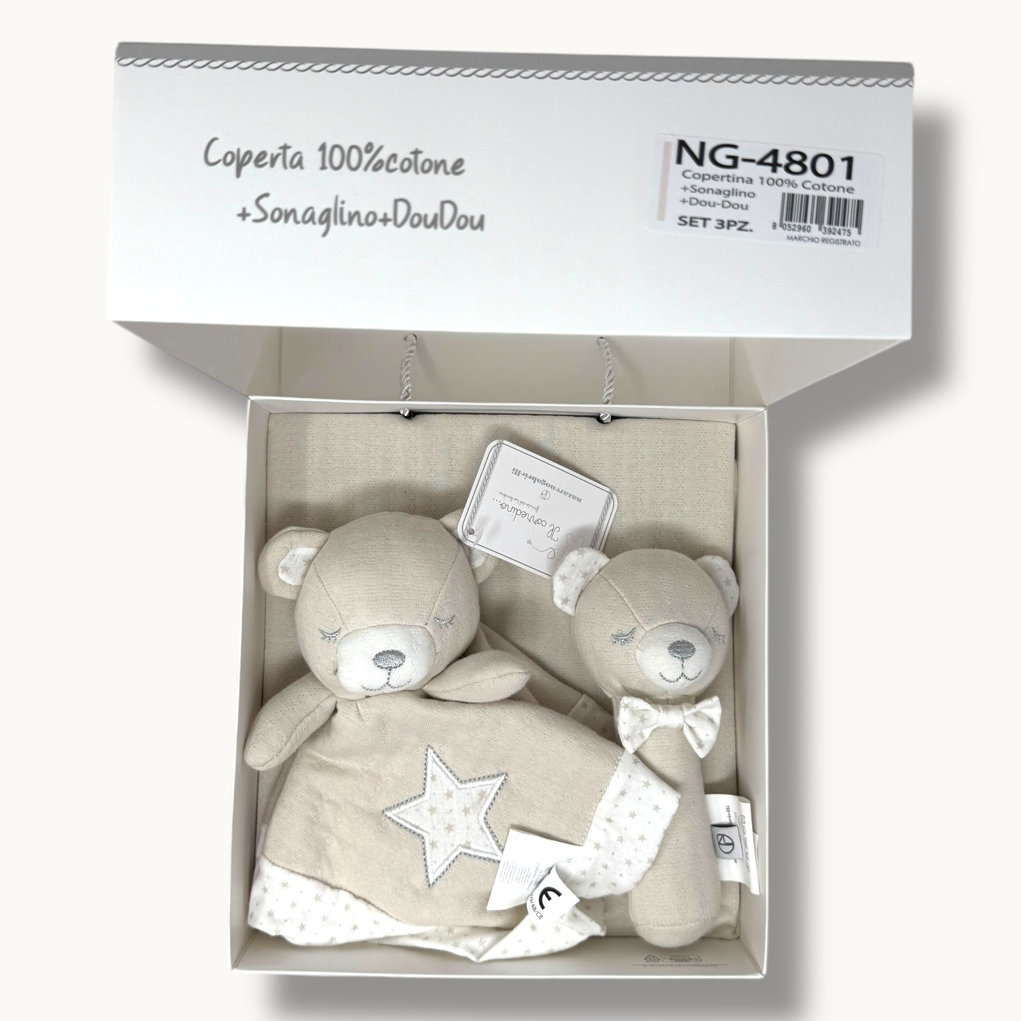 Nazareno Gabrielli - Set 3 Pezzi Copertina+ Sonaglino+ Dou Dou In Cotone 100% Art. Ng4801