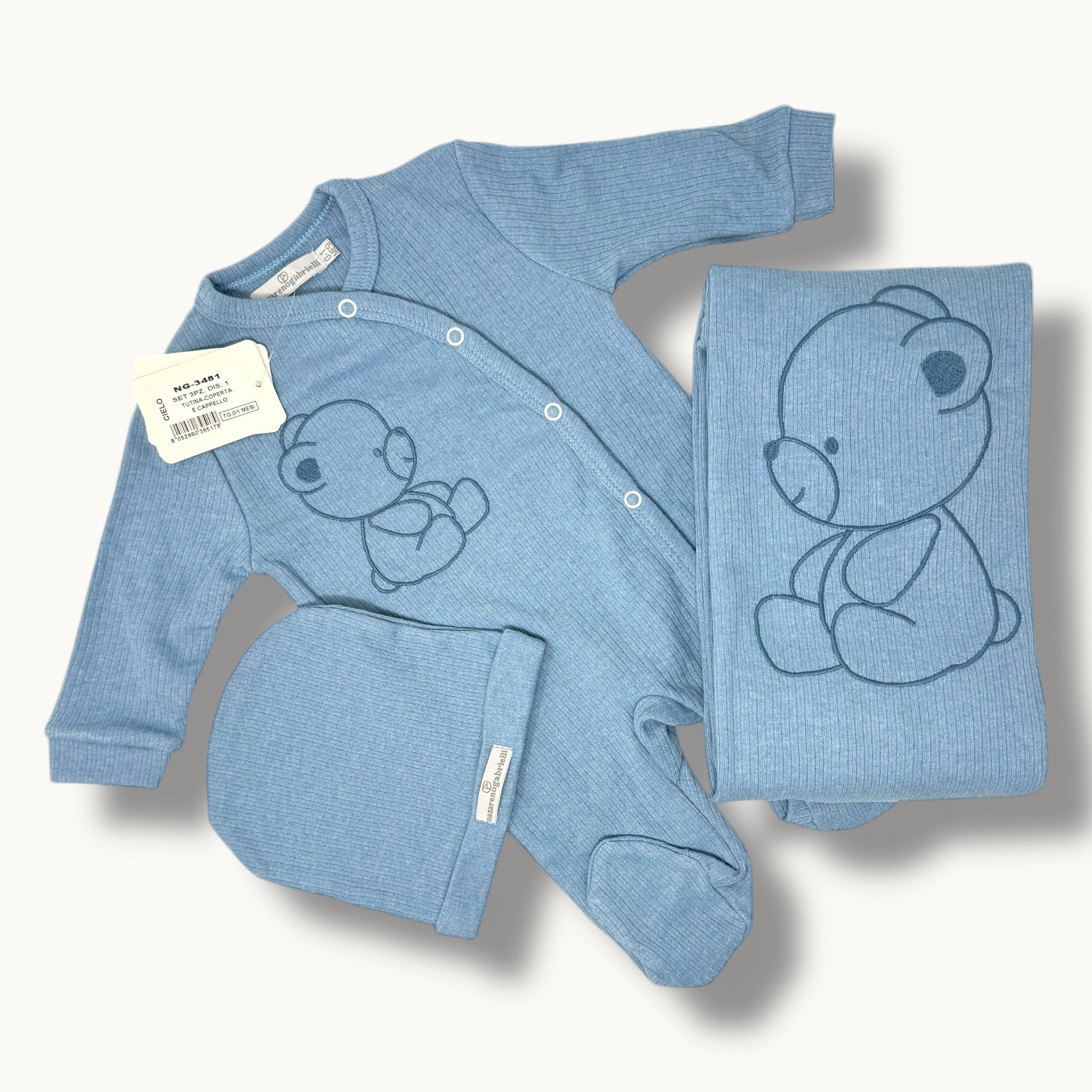 Nazareno Gabrielli - Set Nascita 3 Pezzi ( Copertina + Tutina + Cappellino) In Puro Cotone Art. Ng3481-1