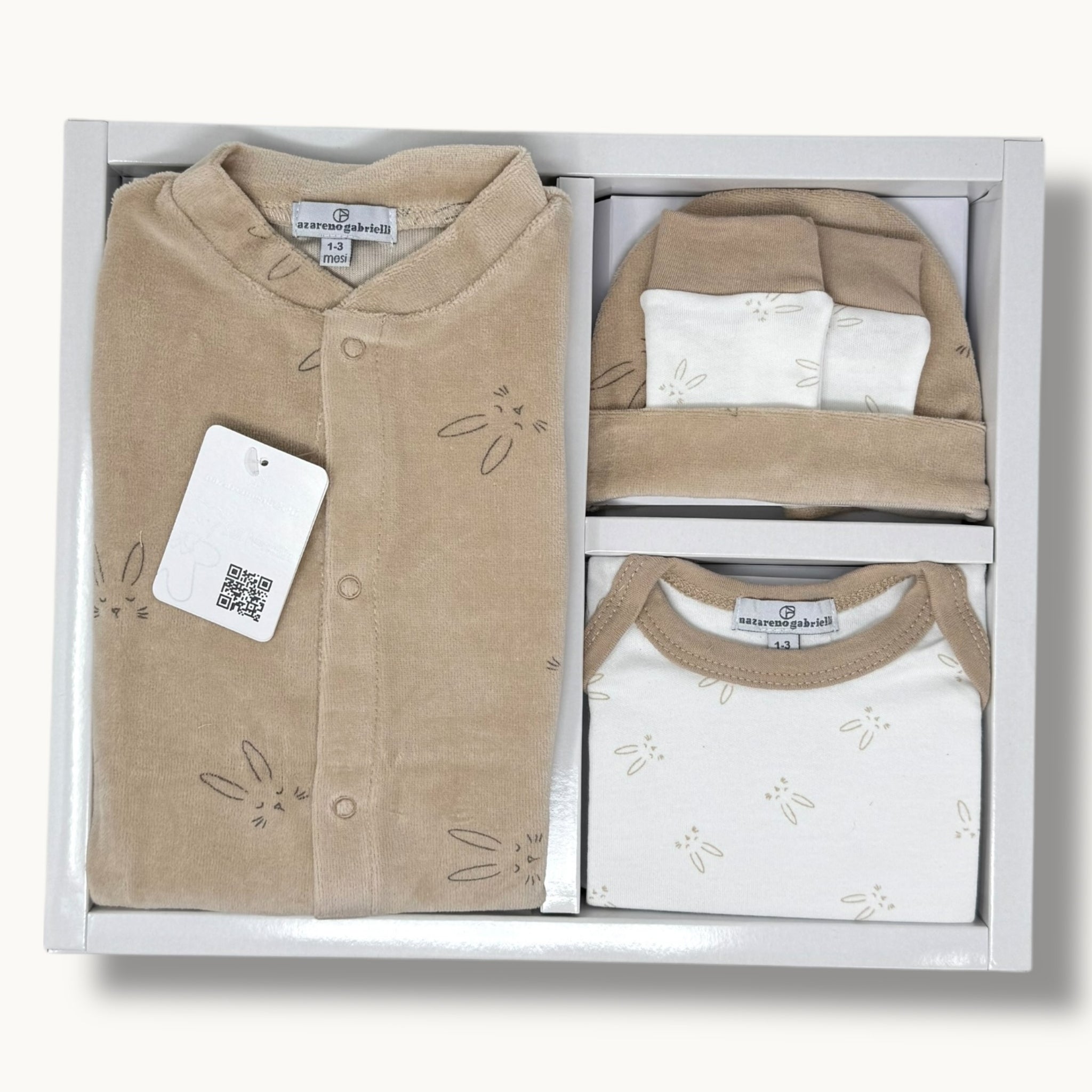 Nazareno Gabrielli  Set Nascita Neonato/a 4 Pezzi (tutina+body+cappello+muffole) Art. Ng3590