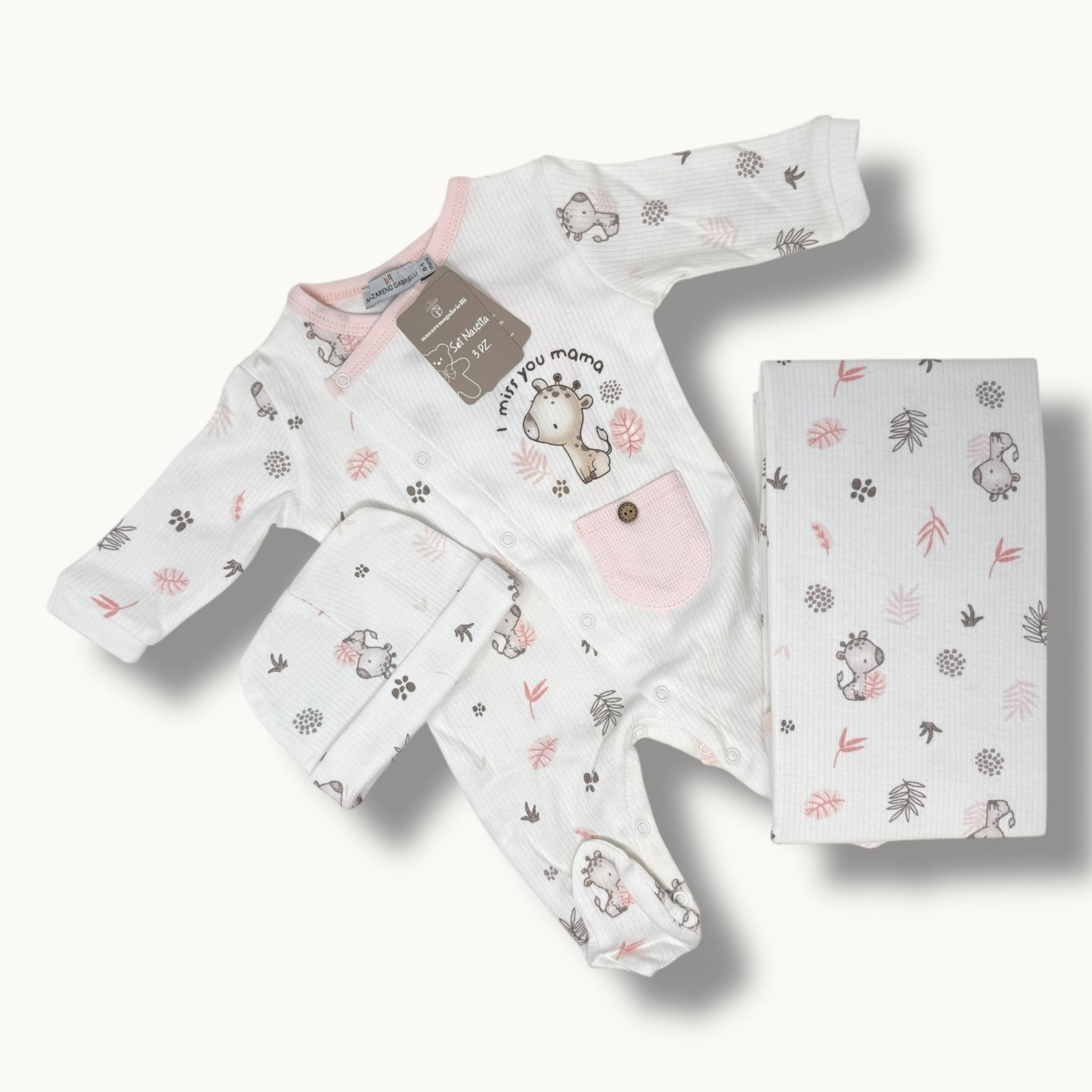 Nazareno Gabrielli Set Nascita 3 Pezzi (copertina+tutina+cappellino) In 100% Cotone Art. Ng3492-1