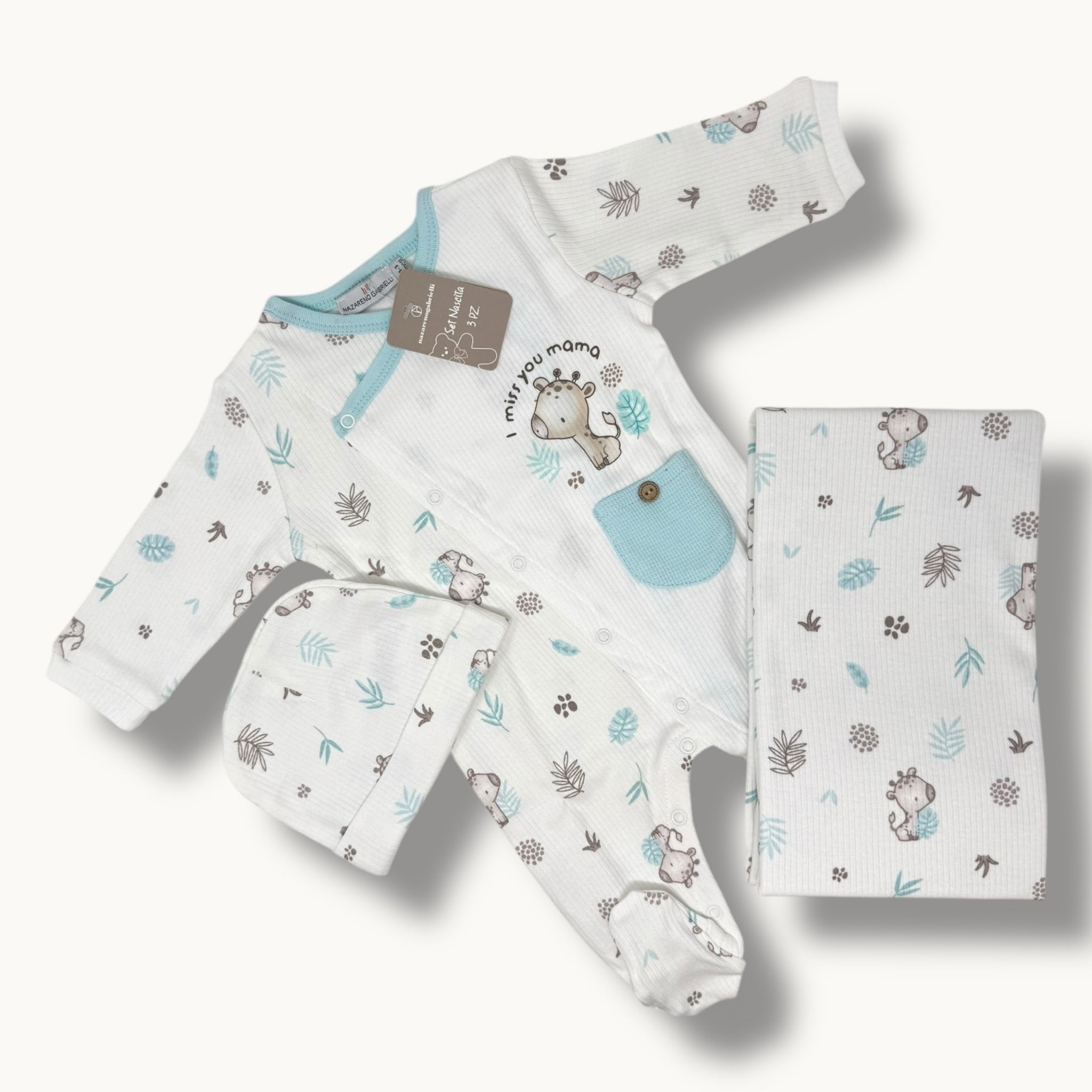 Nazareno Gabrielli Set Nascita 3 Pezzi (copertina+tutina+cappellino) In 100% Cotone Art. Ng3492-1