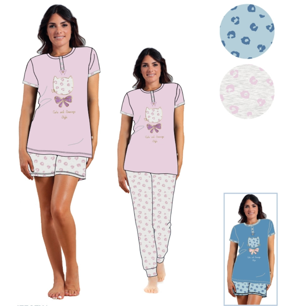 Irge - Pigiama Donna In Cotone 3 Pezzi Mezza Manica Serafino Pantalone Lungo E Corto In Puro Cotone Art. Td45