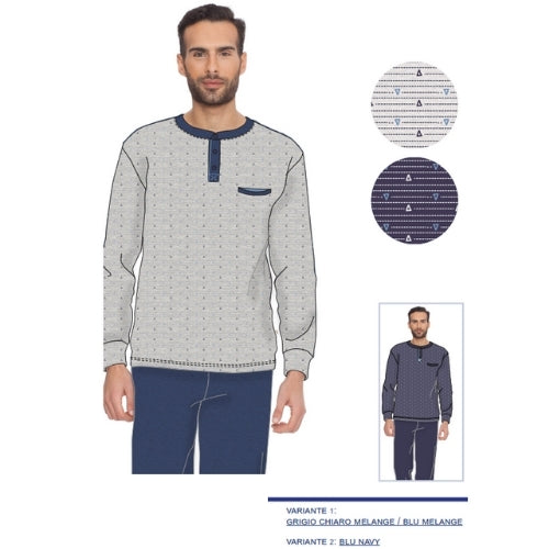 Irge Primavera Pigiama Serafino Uomo Stampato Lungo In Jersey Puro Cotone Con Taschino Art. Mil2066