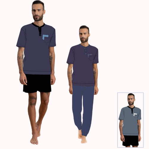 Irge - Pigiama Uomo Cotone 3 Pezzi Calibrato Maglia Mezza Manica +pantalone Lungo+corto  Art. Tuc21