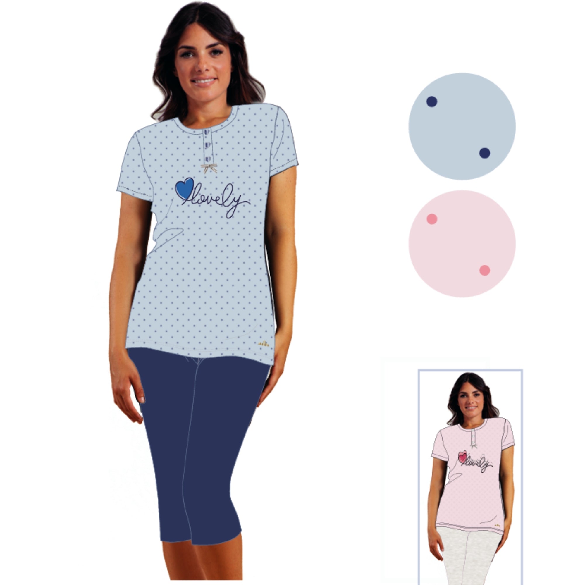 Y&m - Pigiama Donna Serafino Mezza Manica Pescatore In Puro Cotone Stampato  Art. Ymc548