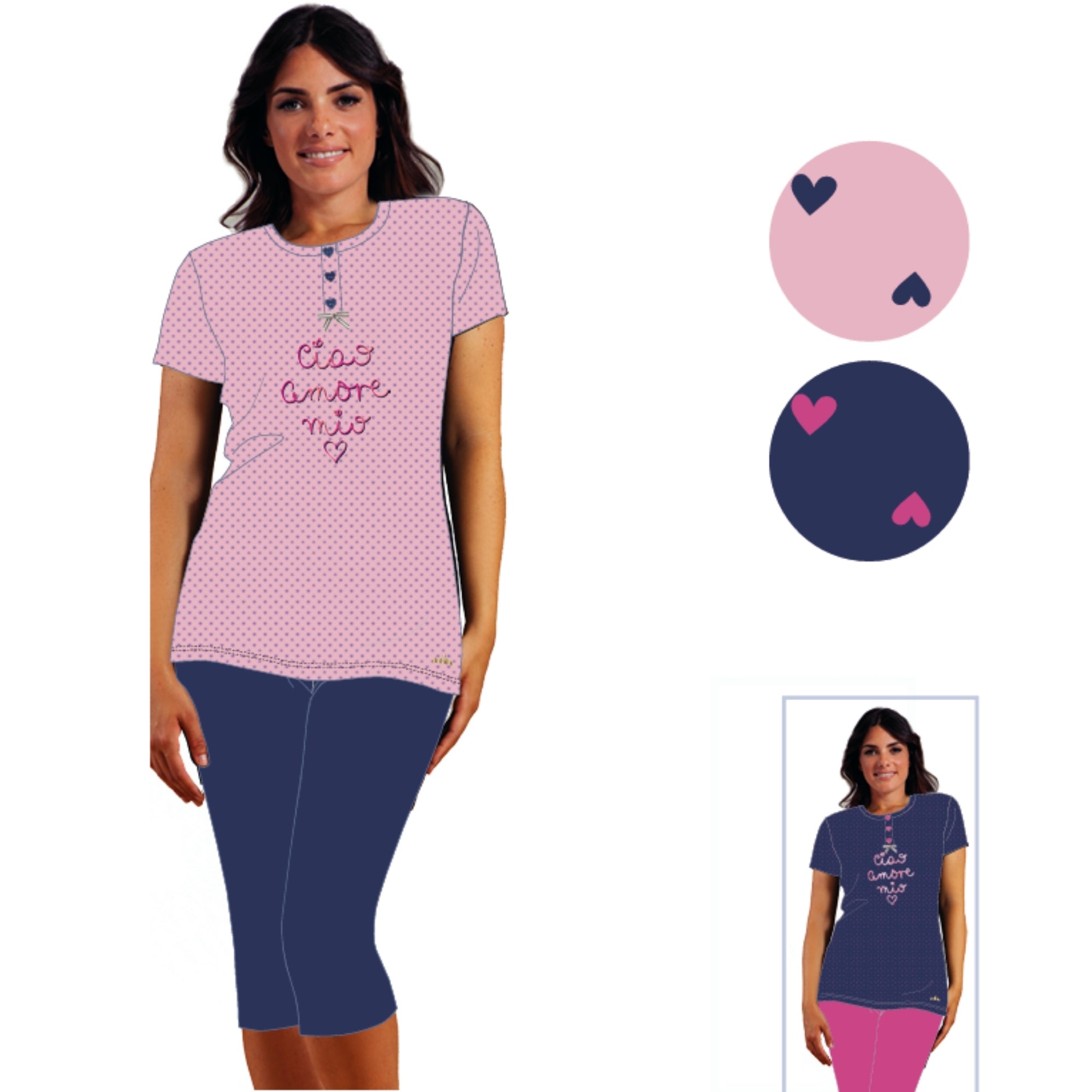 Y&m - Pigiama Donna Serafino Mezza Manica Pescatore In Puro Cotone Stampato  Art. Ymc557