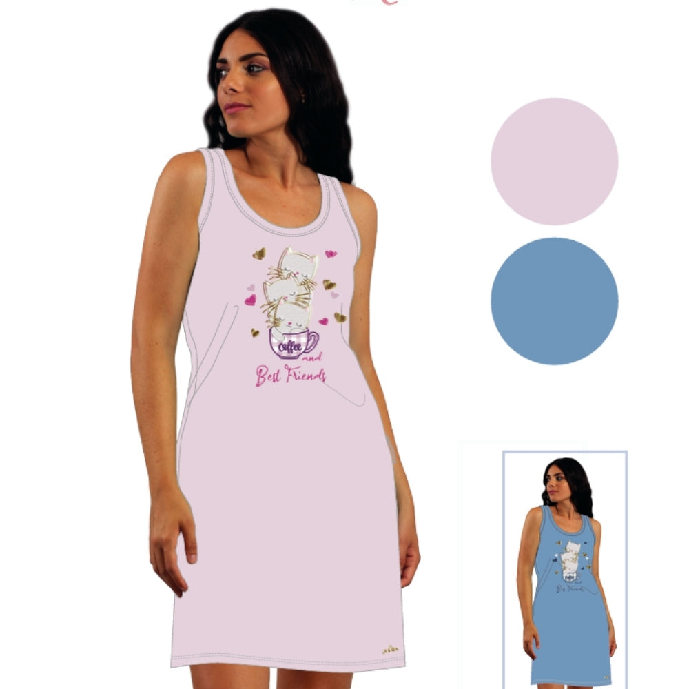 You&me - Camicia Da Notte E Da Casa Donna Spalla Larga Con Stampa E Ricamo In Puro Cotone  Ymc563